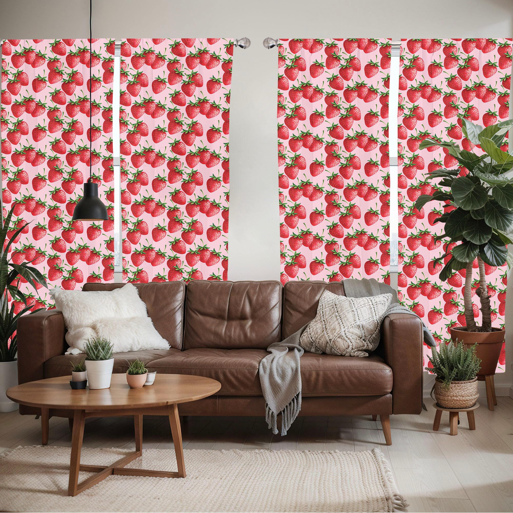 Ambesonne Fruit Window Curtains Pack Of 2, Delicious Big Strawberries On Pink Background Tasty Juicy Ripe Summer Fruits, Lightwe