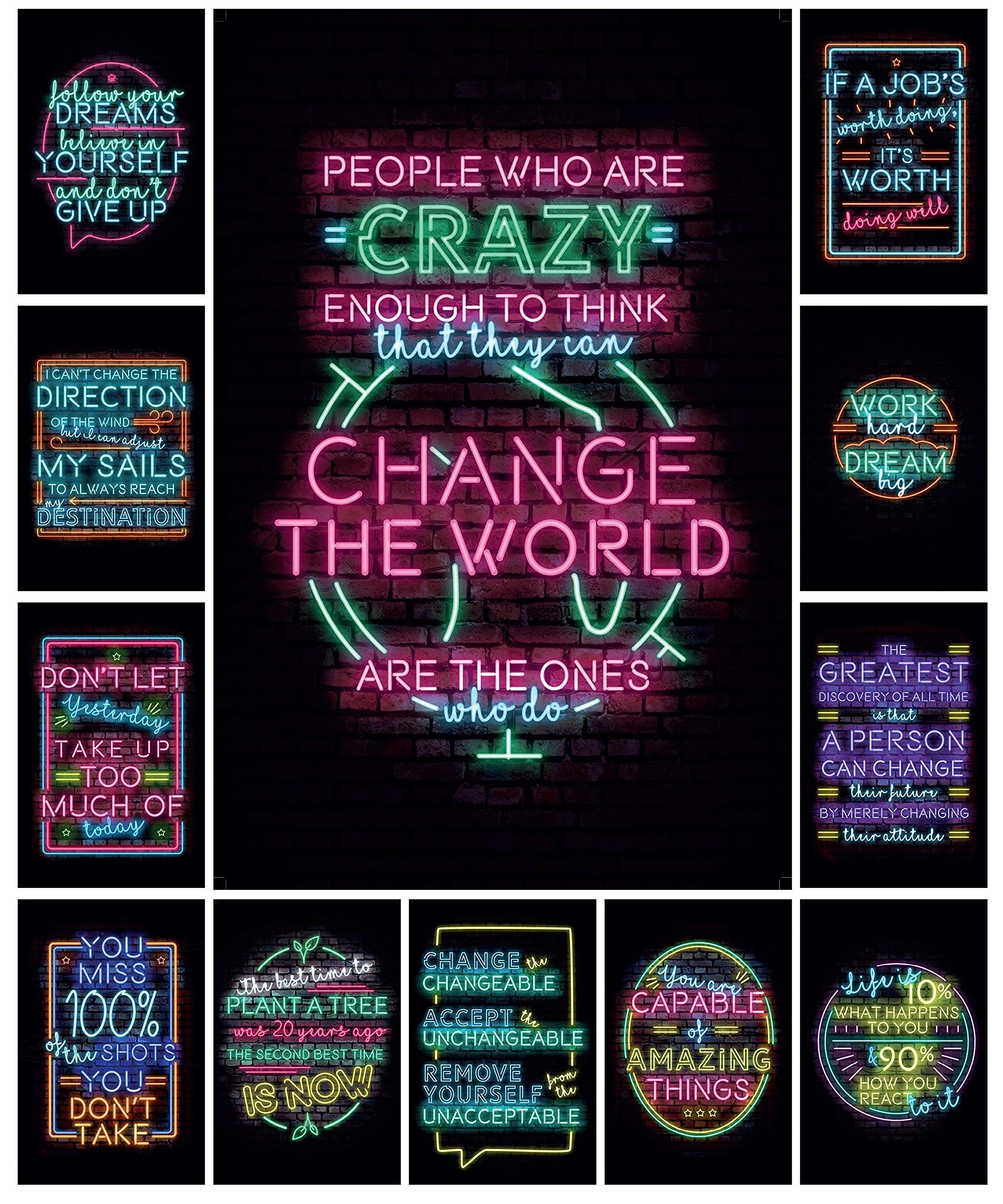 12 Motivational Posters - Neon Sign Style Wall Art - Decorate Your Classroom, Bedroom, Or Home Office With Inspirational Quotes