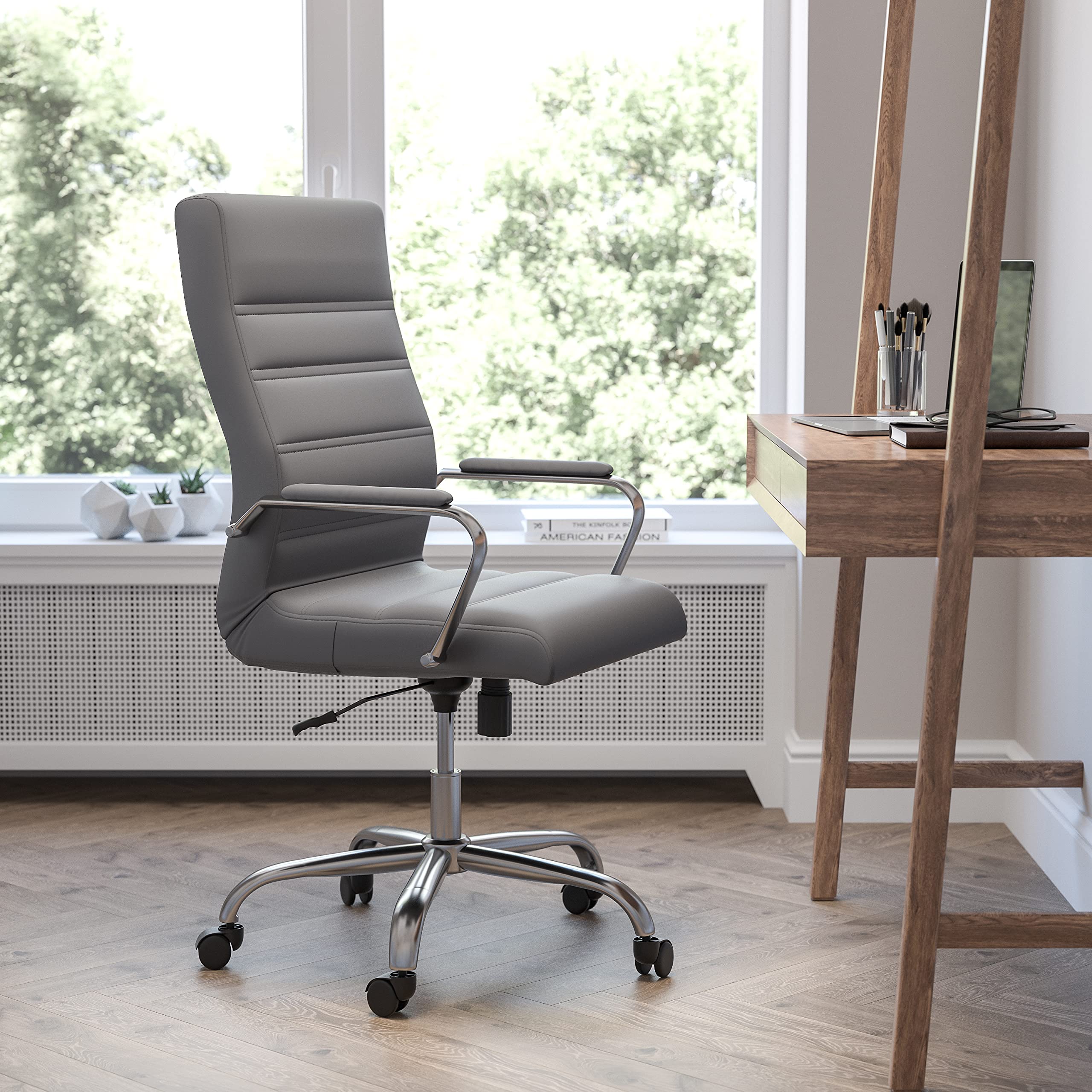 EMMA + OLIVER High Back Gray LeatherSoft Executive Swivel Office Chair with Chrome Frame/Arms