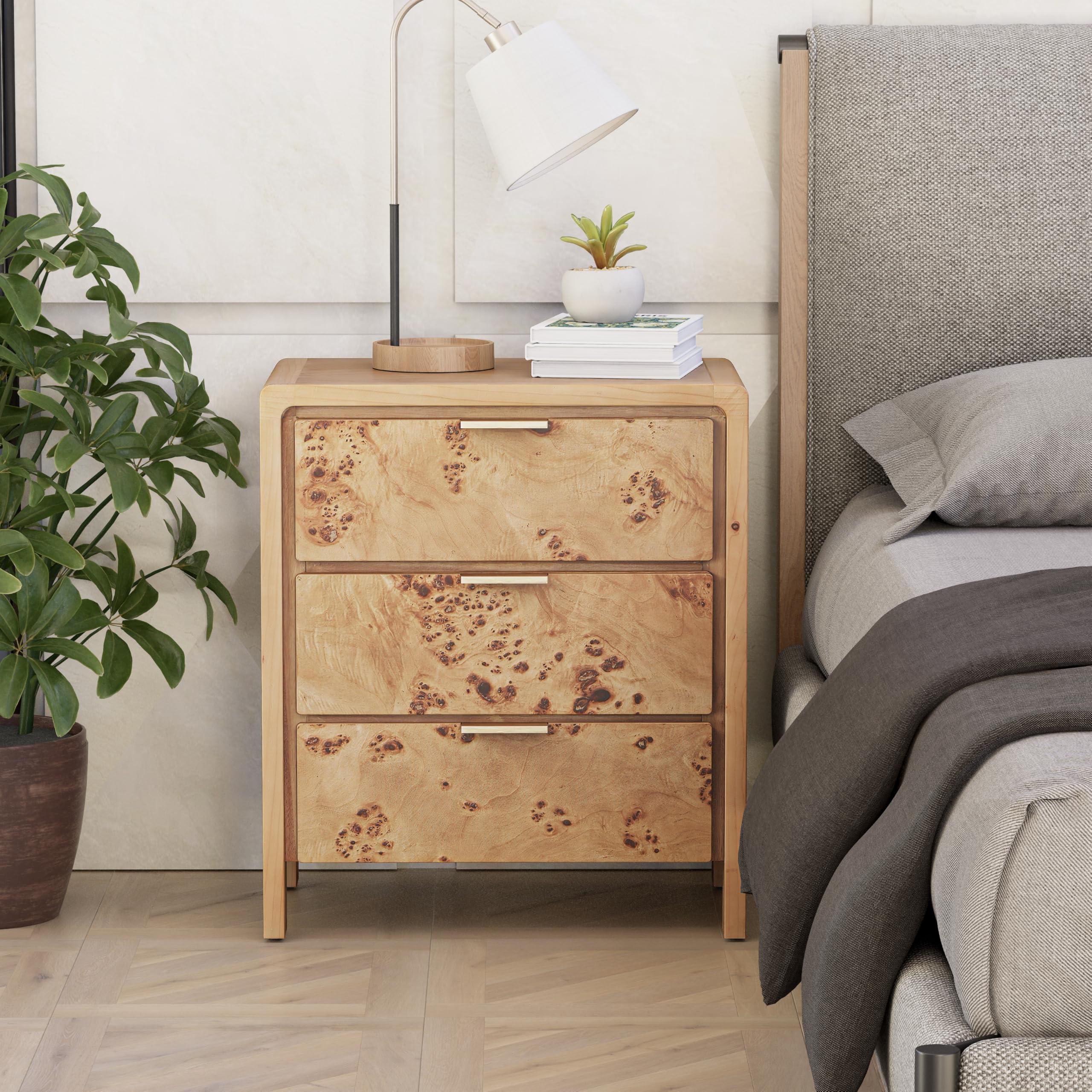 COZAYH Burl Finish 3 Drawer Nightstand, Wood Rustic Farmhouse Dresser, Vintage Accent Storage Bedside Table for Bedroom Entryway