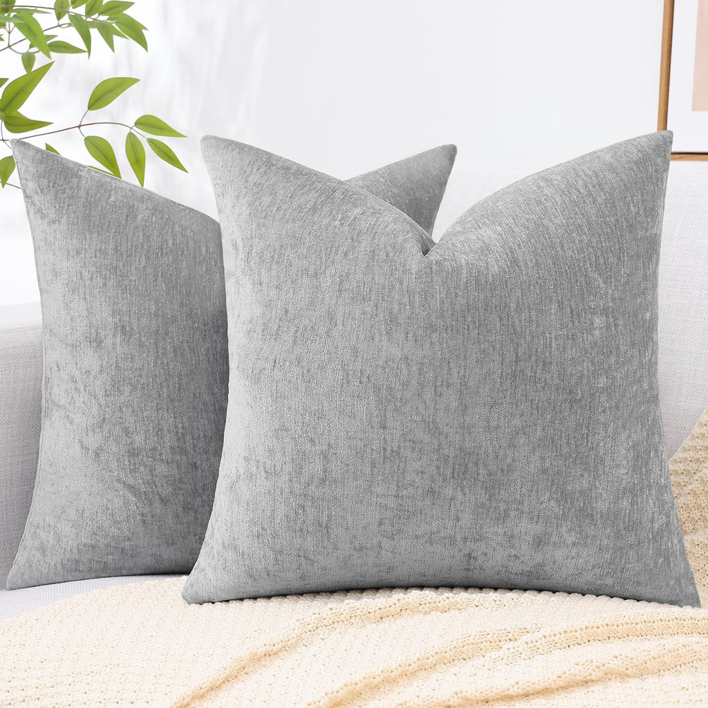 Decoruhome Couch Throw Pillow Covers 20X20 Set Of 2, Decorative Soft Chenille Solid Dyed Pillow Covers For Sofa Bed Living Room, Ultimate Gray