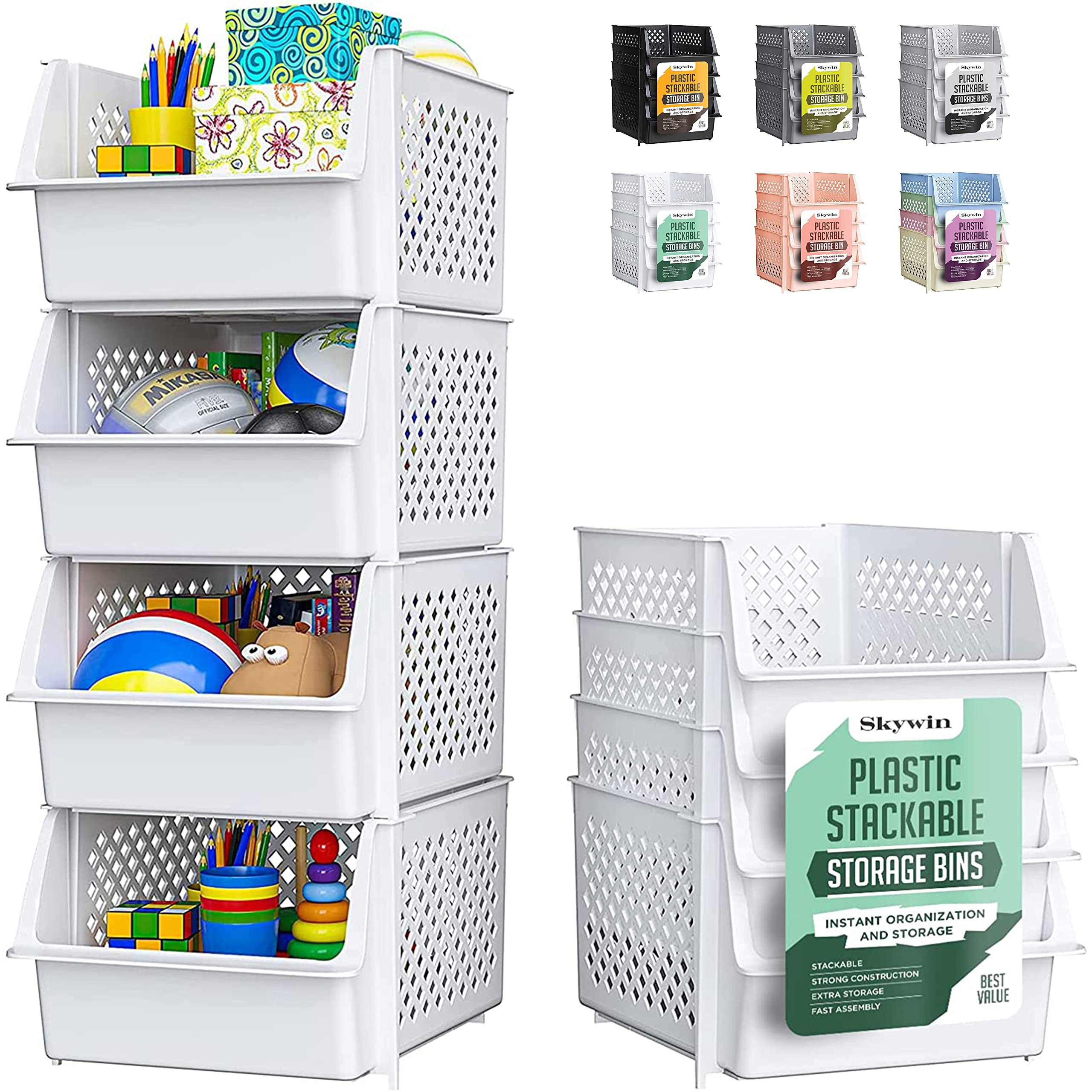 TidyFriend Stackable Storage Bins for Pantry - 4-Pack Stackable Bins For Organizing Food, Kitchen, and Bathroom Essentials (Whit