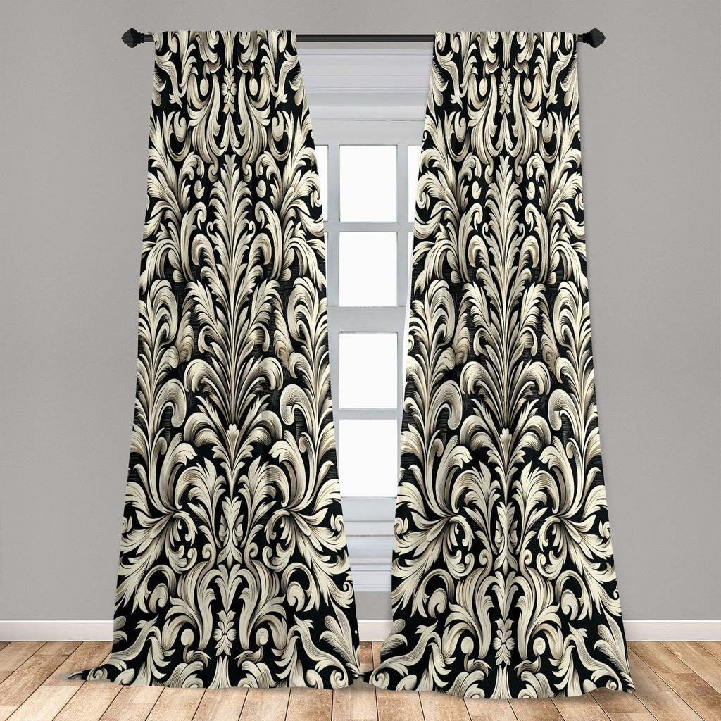 Ambesonne Leafy Art Curtains, Ivory Tone Curlicue Leaves Of Victorian On Beige Tone Back Monochrome, Window Treatments 2 Panel S