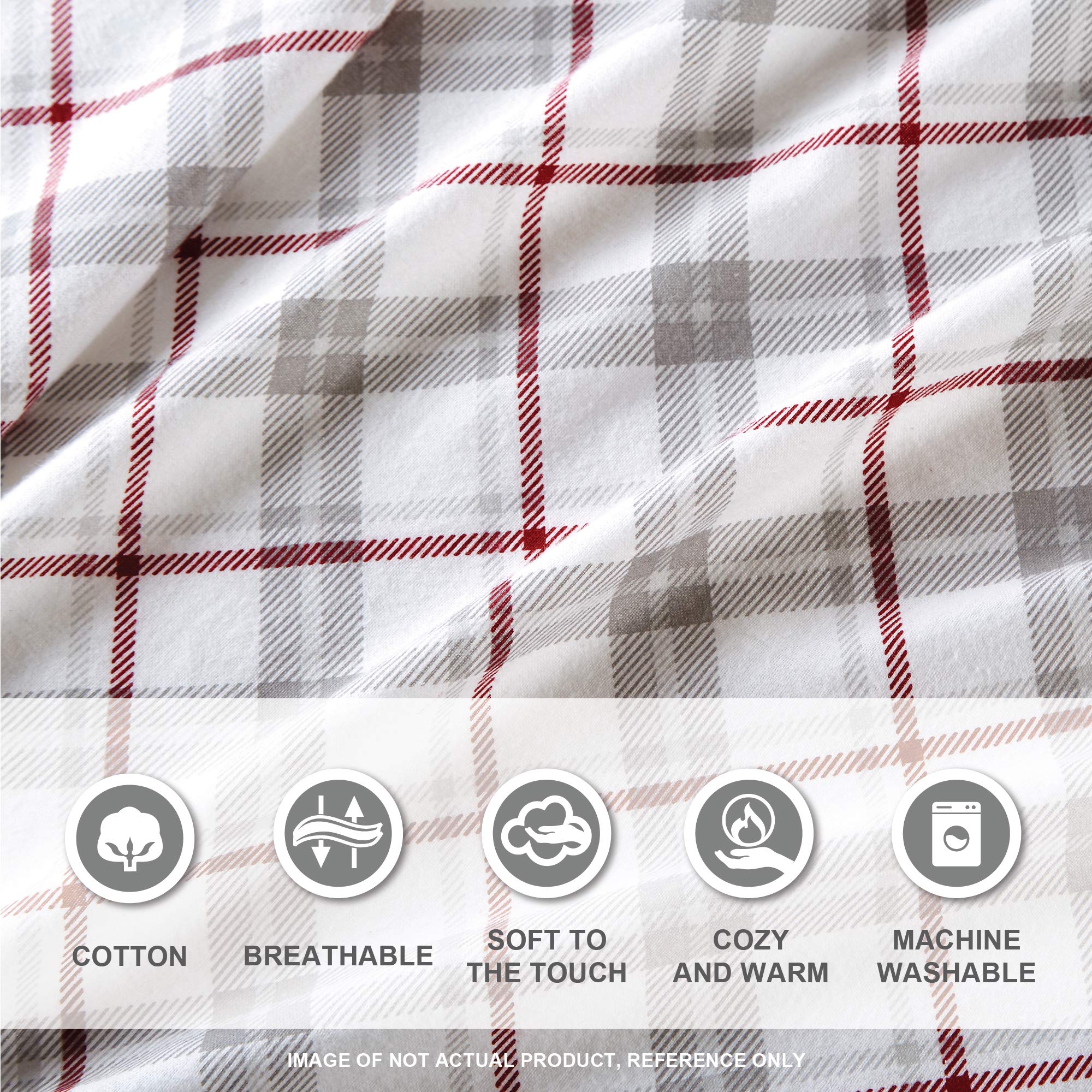 Comfort Spaces Cotton Flannel Breathable Warm Deep Pocket Sheets With Pillow Case Bedding, Queen, Grey/Red Plaid 4 Piece