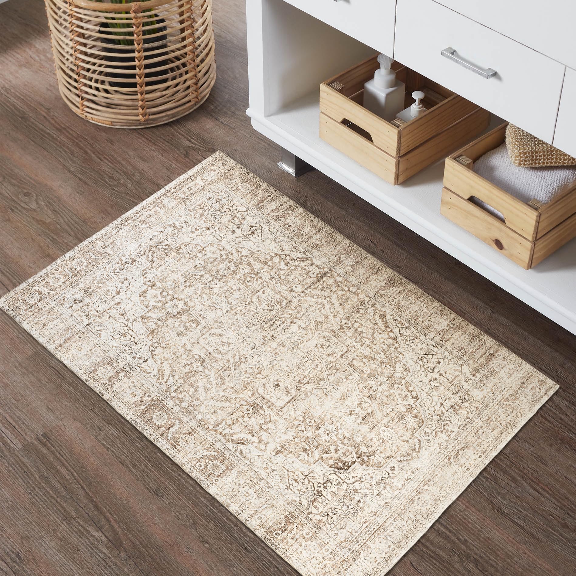 Bileehome Boho Kitchen Rug Washable,2X3 Non Slip Farmhouse Neutral Small Area Rug For Bathroom Bedroom Indoor Entrway Ultra Thin