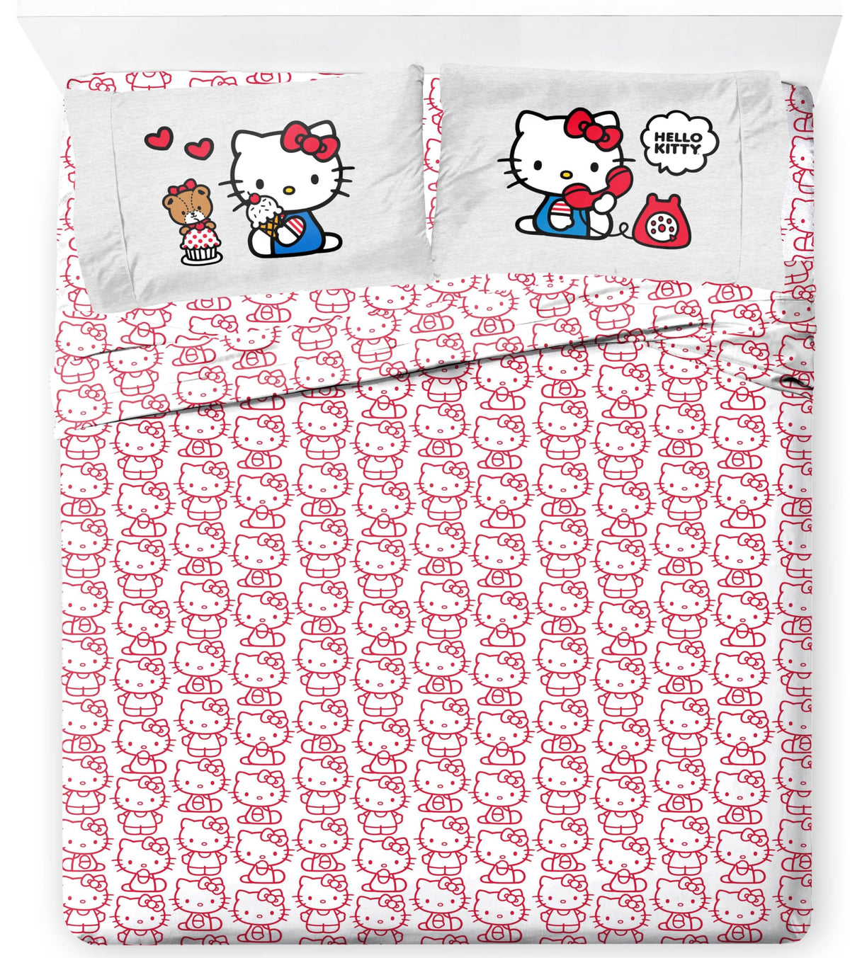 Jay Franco Hello Kitty Queen Size Sheet Set - Super Soft 4 Piece Kawaii Bedding Set - Red & White Microfiber Sheets With Reversi