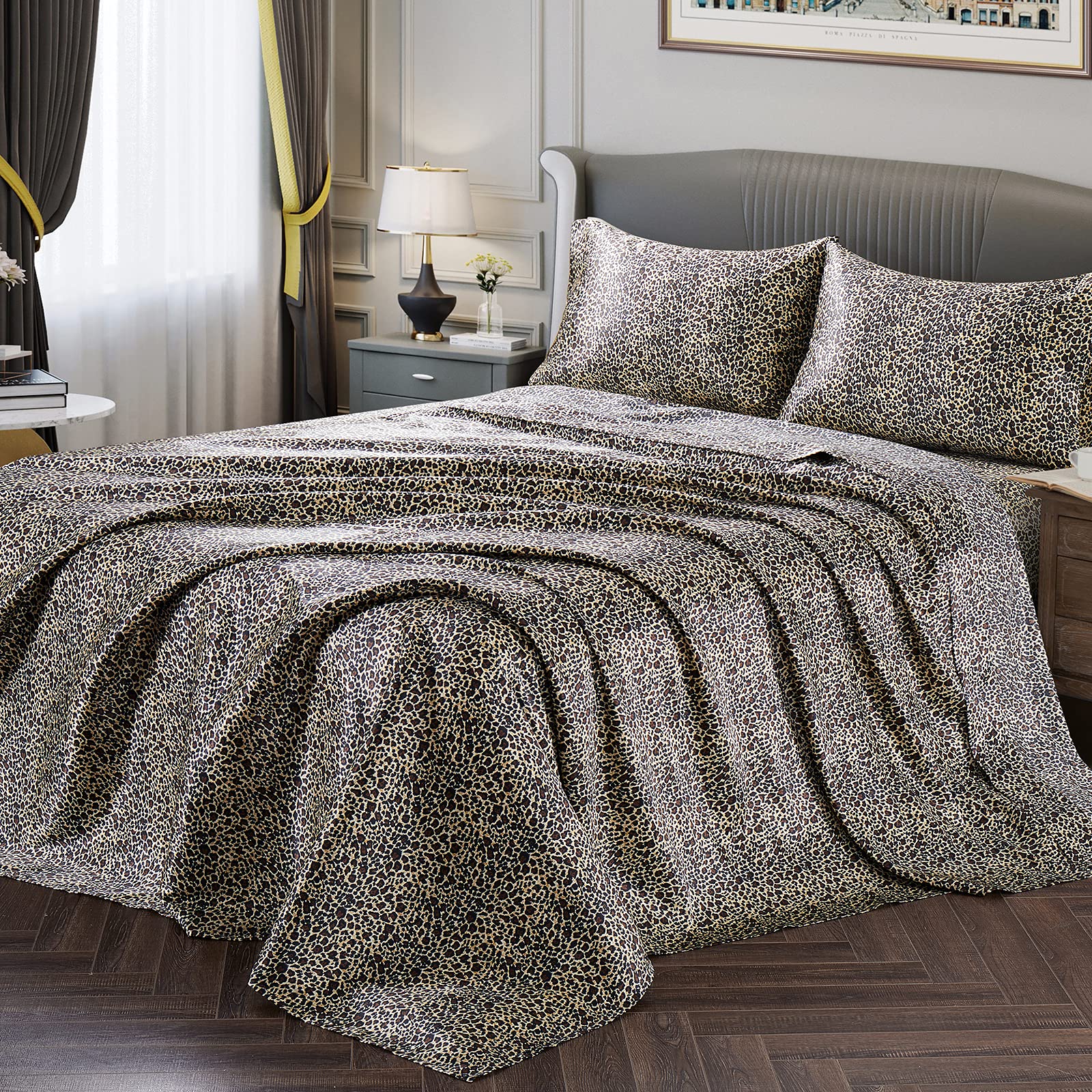 Vonty Satin Sheets Twin Silky Soft Satin Bed Sheets Leopard Print Satin Sheet Set, 1 Deep Pocket Fitted Sheet + 1 Flat Sheet + 1