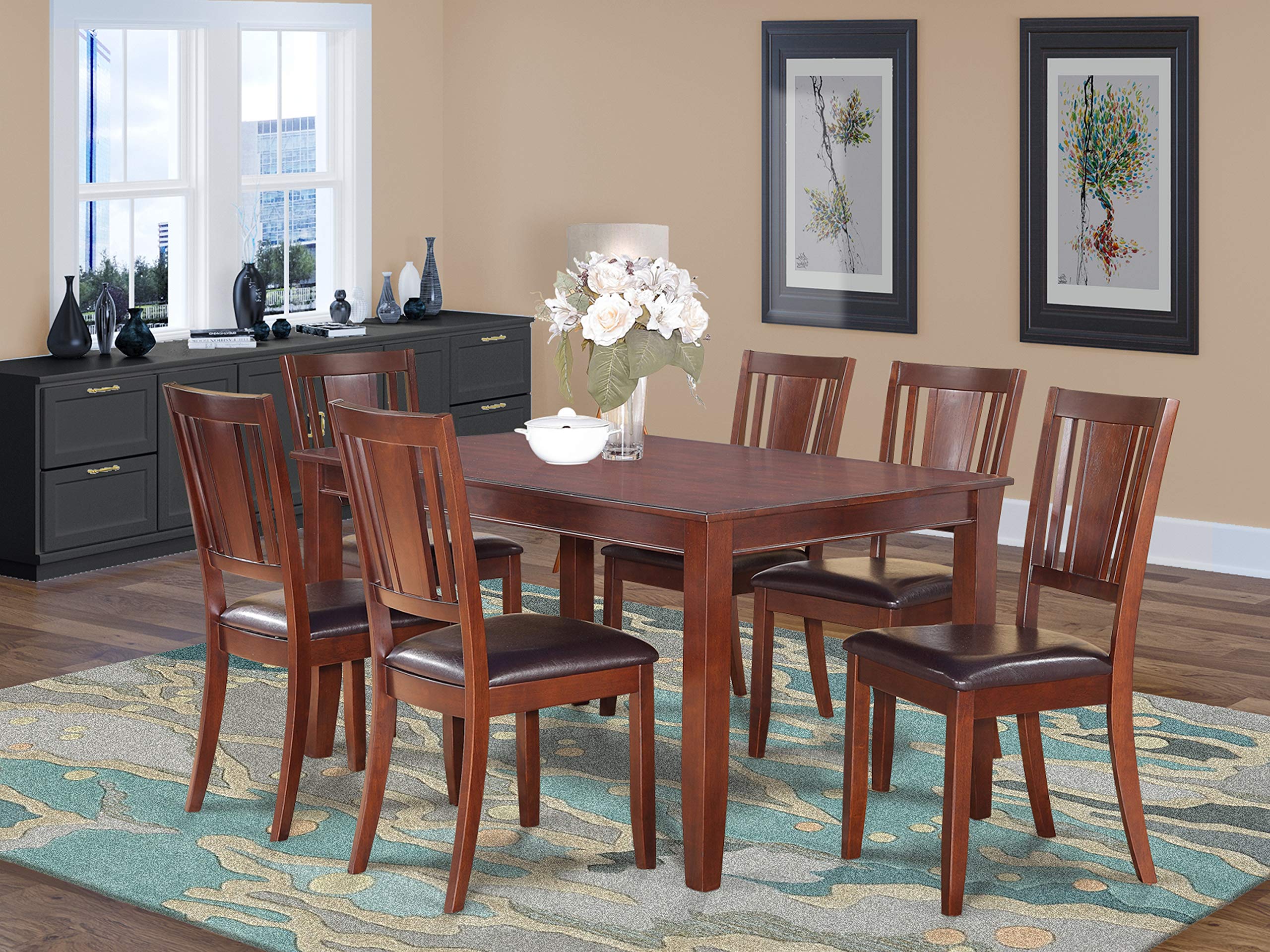 East West Furniture DULE7-MAH-LC 7 Piece Kitchen Table & Chairs Set Consist of a Rectangle Dining Room Table and 6 Faux Leather Upholstered Dining Chairs, 36x60 Inch, Mahogany