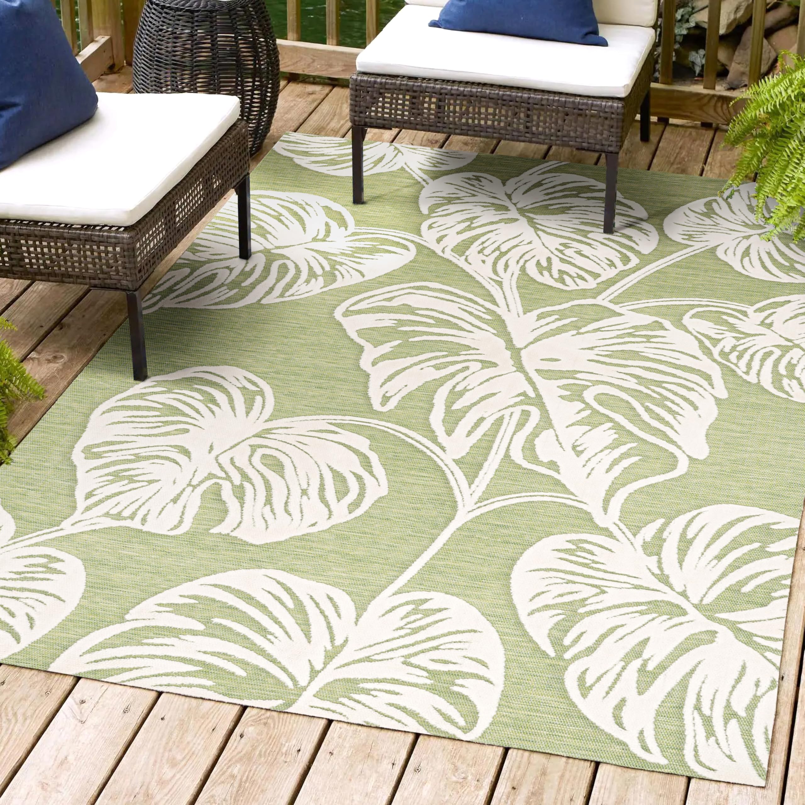 Jonathan Y Hwc100D-8 Tobago High-Low Two-Tone Monstera Leaf Indoor/Outdoor Area Rug, Floral, Coastal, Country, Backyard, Patio,
