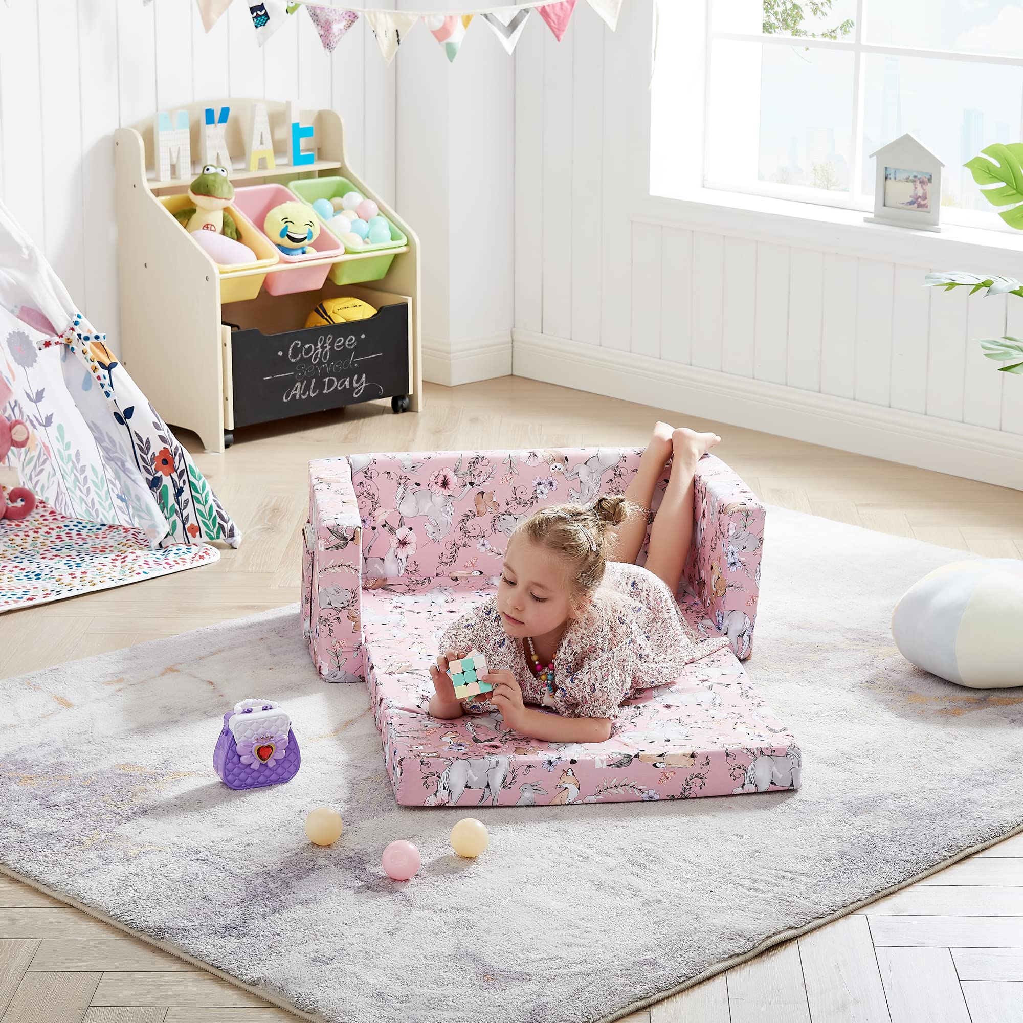 Ulax furniture Kids Convertible Sofas Children Flip-Out Sofa - 2-in-1 to Lounge Chair (Pink Unicorn)