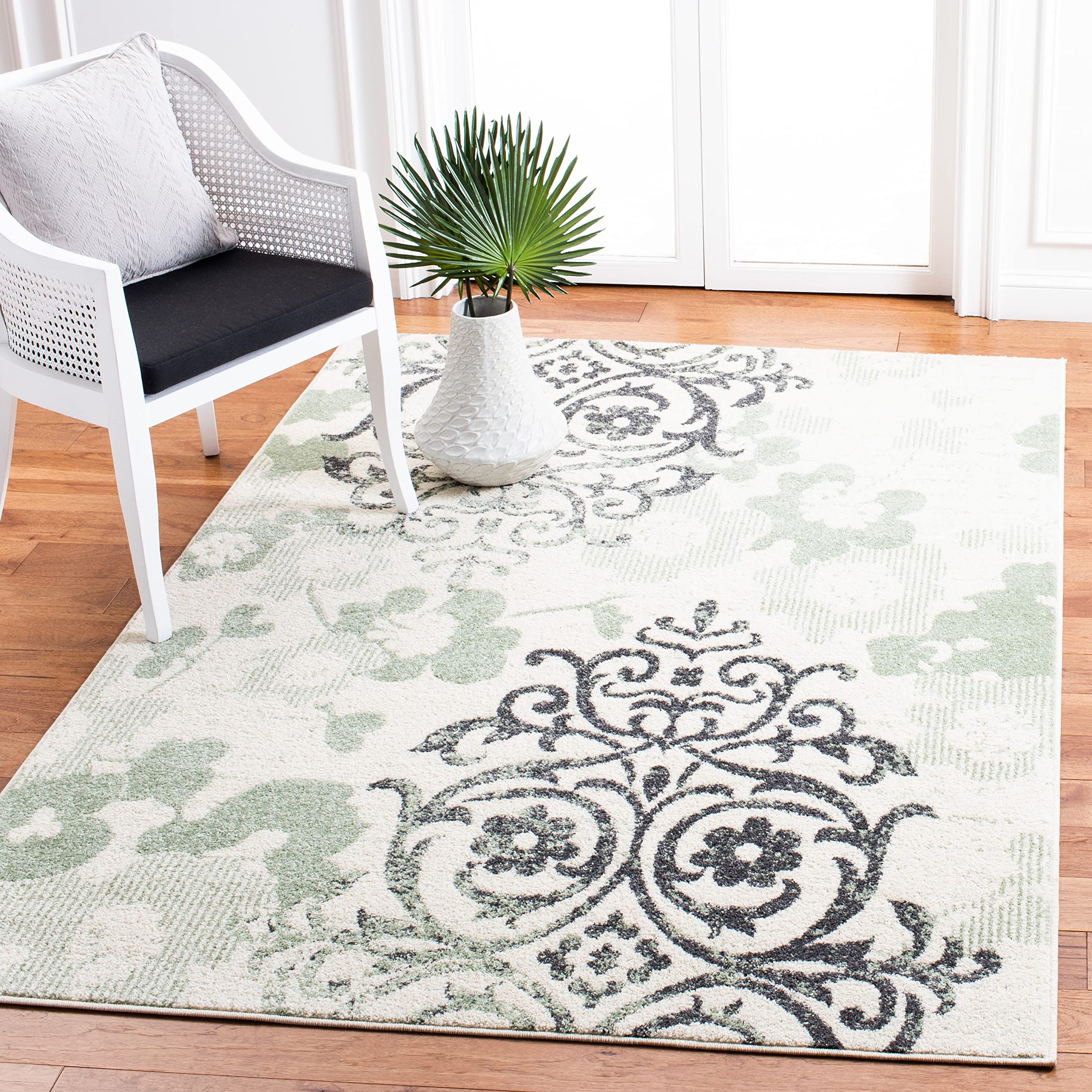 SAFAVIEH Adirondack Collection Area Rug - 9 x 12, Ivory & Green, Floral Glam Damask Distressed Design, Non-Shedding & Easy Car