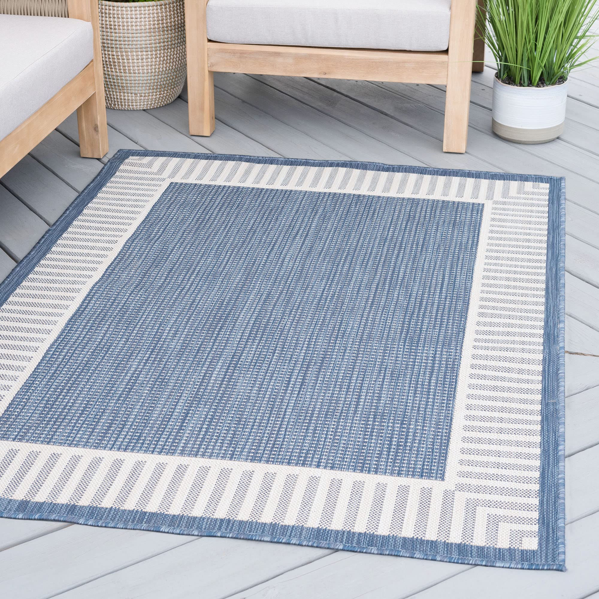 Water & Fade Resistant 8X10 Large Indoor Outdoor Rug Patio, Deck, Porch, Entryway | Outside Area Rugs For Patios | 7'10'' X 10'2'' Blue