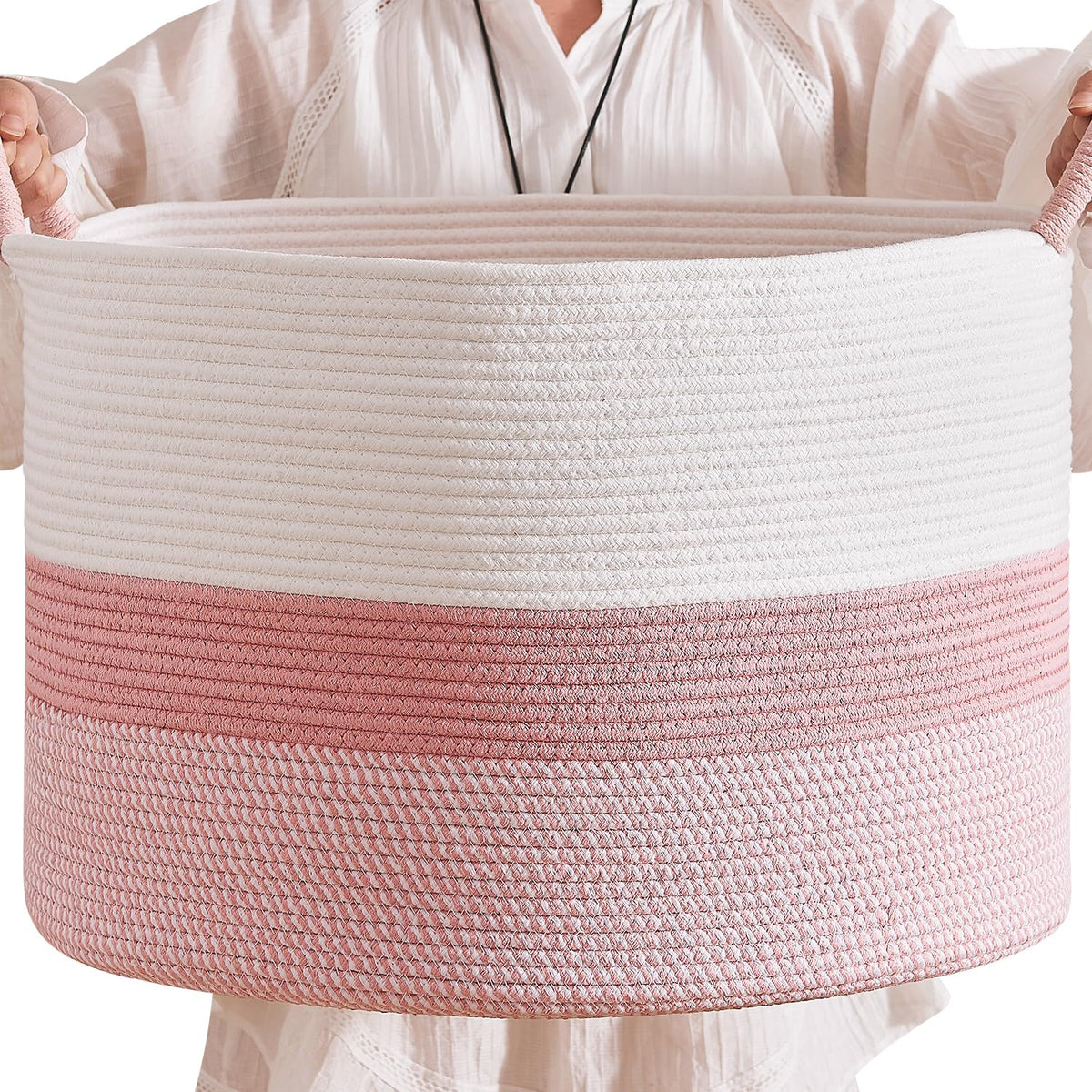 CLHMILY&Z Round Cotton Rope Storage Basket  22x14.2 Inches  Cute Nursery Bin, Baby Toy Organizer, Pink Organizer for Home Deco