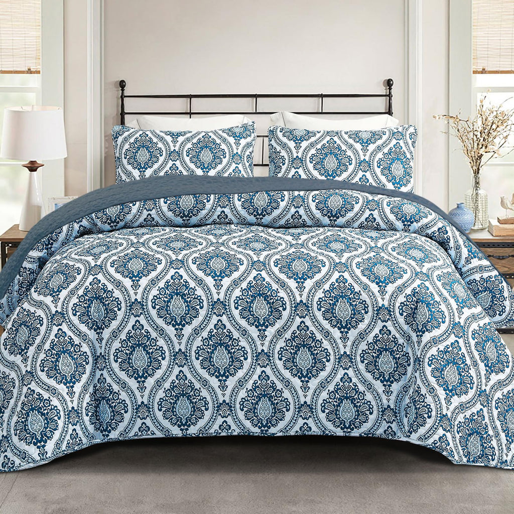Exclusivo Mezcla Reversible Boho Quilt Set Queen Size, 3 Pieces Damask Blue All Season Bedspreads, Ultra Soft Floral Coverlet Be