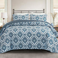 Exclusivo Mezcla Reversible Boho Quilt Set Queen Size, 3 Pieces Damask Blue All Season Bedspreads, Ultra Soft Floral Coverlet Be