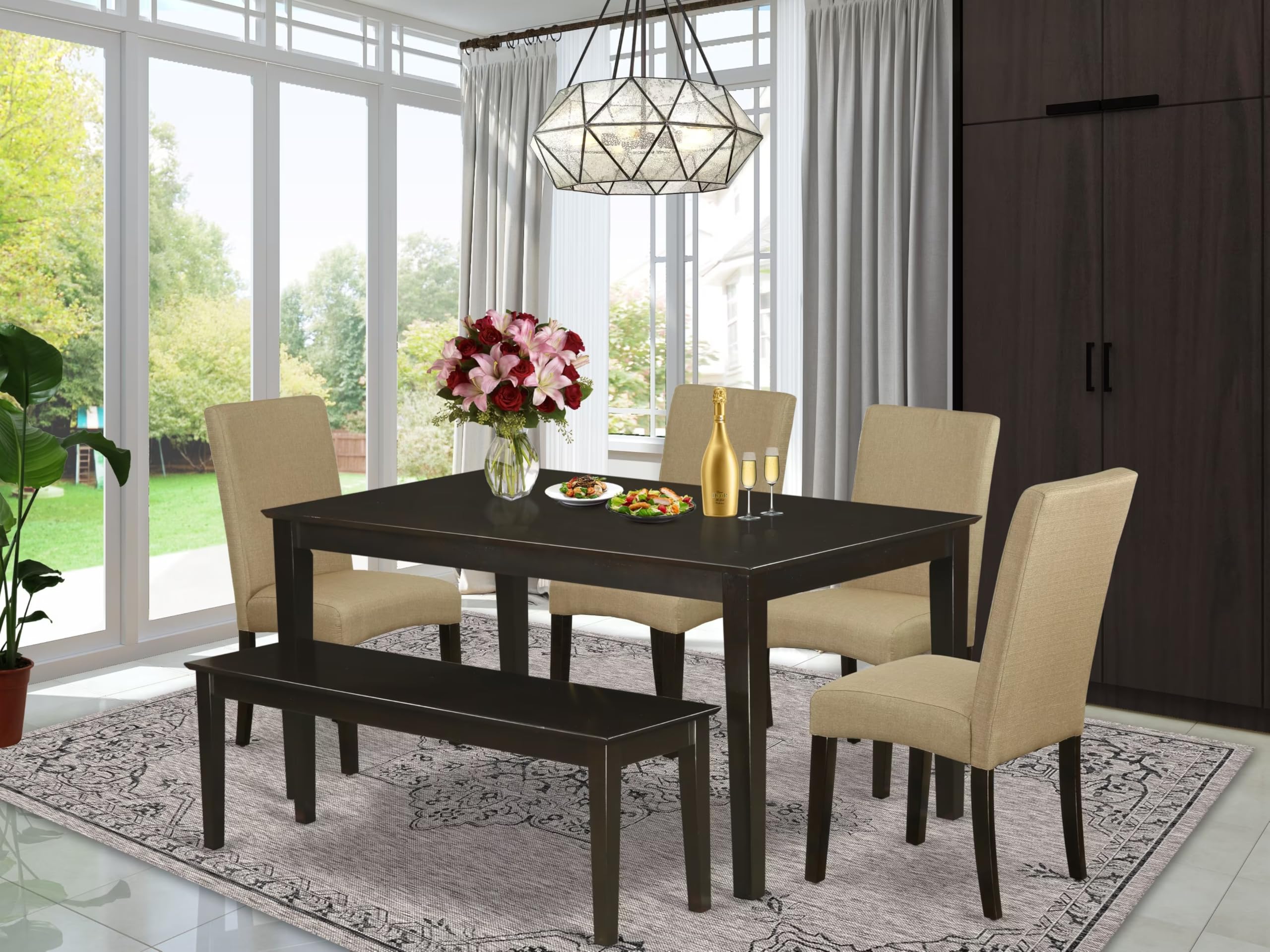 East West Furniture Cadr6-Cap-03 6 Piece Dining Room Table Set Contains A Rectangle Kitchen Table And 4 Brown Linen Fabric Parson Chairs With A Bench, 36X60 Inch, Cappuccino