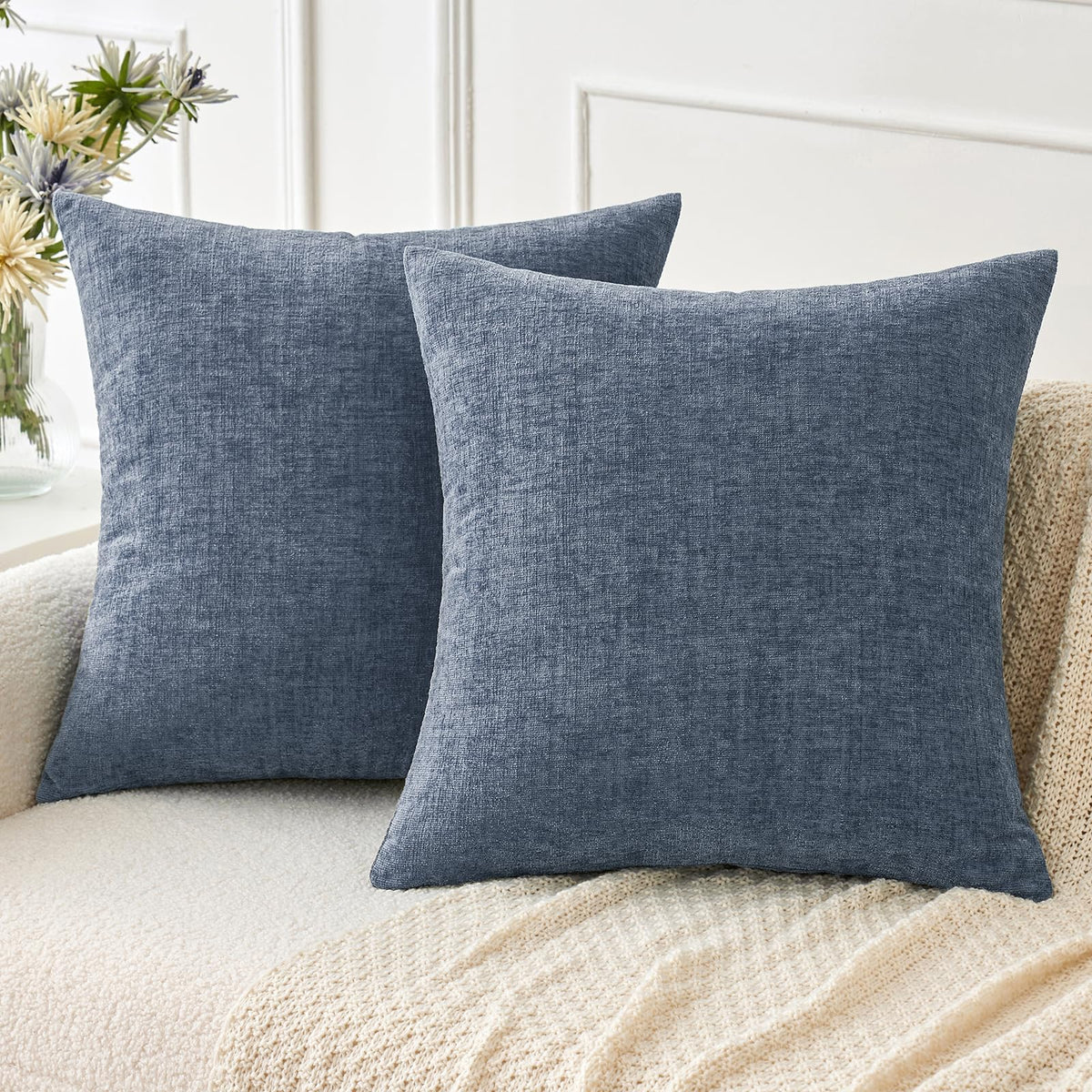 Miulee Pack Of 2 Couch Throw Pillow Covers 20X20 Inch Soft Dark Grey Blue Chenille Pillow Covers For Sofa Living Room Solid Dyed