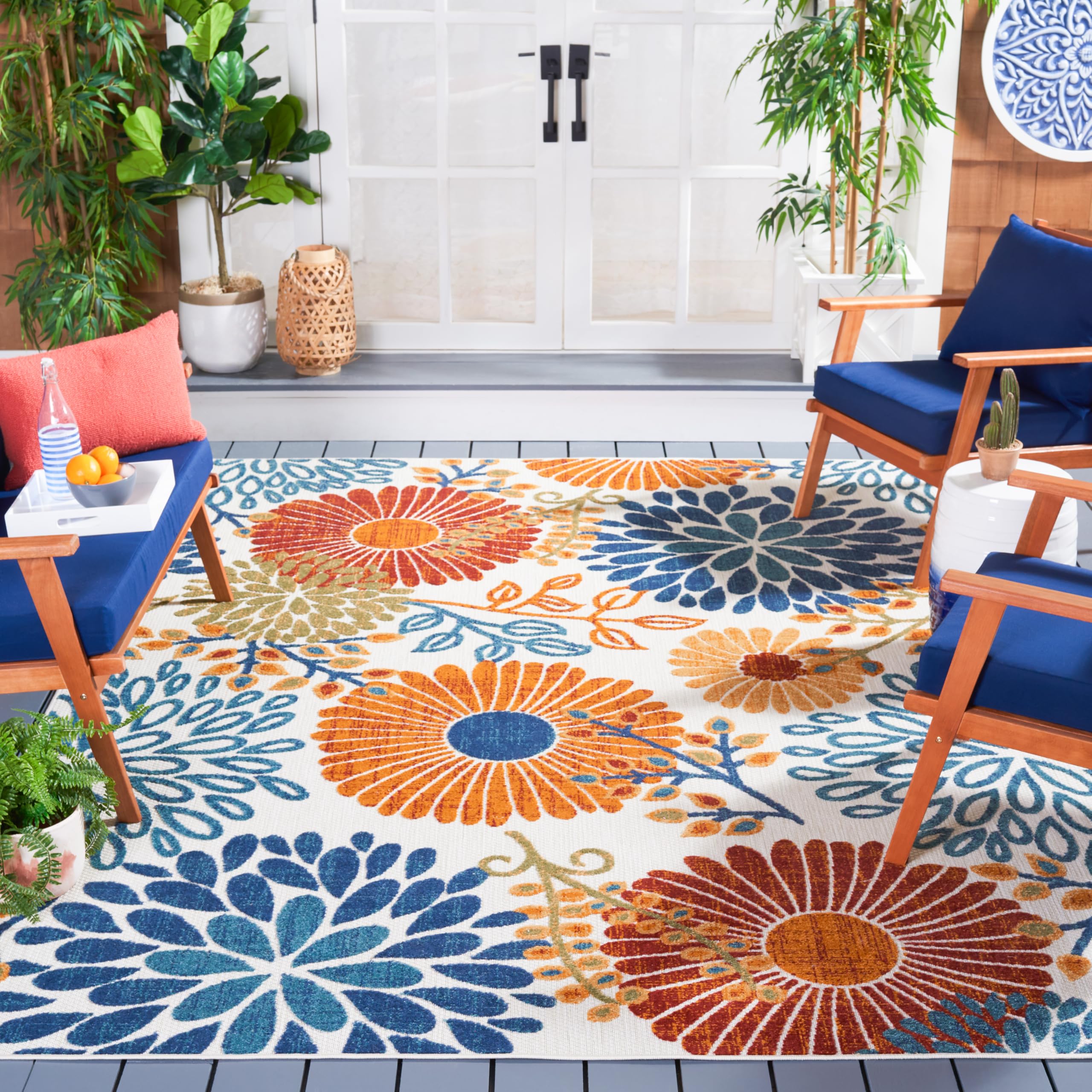 Safavieh Cabana Collection Area Rug - 9' X 12', Creme & Red, Floral Design, Non-Shedding & Easy Care, Indoor/Outdoor & Washable-Ideal For Patio, Backyard, Mudroom (Cbn832A)