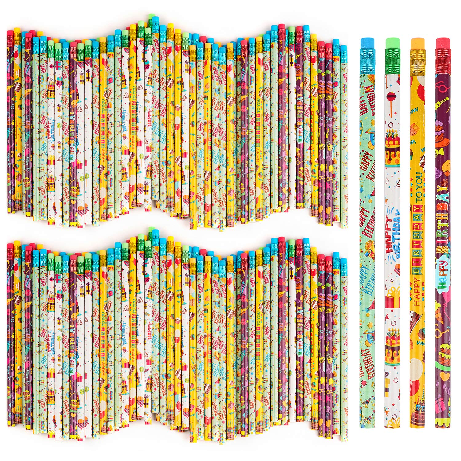 Kolewo4Ever 200 Pieces Happy Birthday Pencils Colorful Printed Birthday Pencils With Top Erasers Perfect For Teachers Classrooms