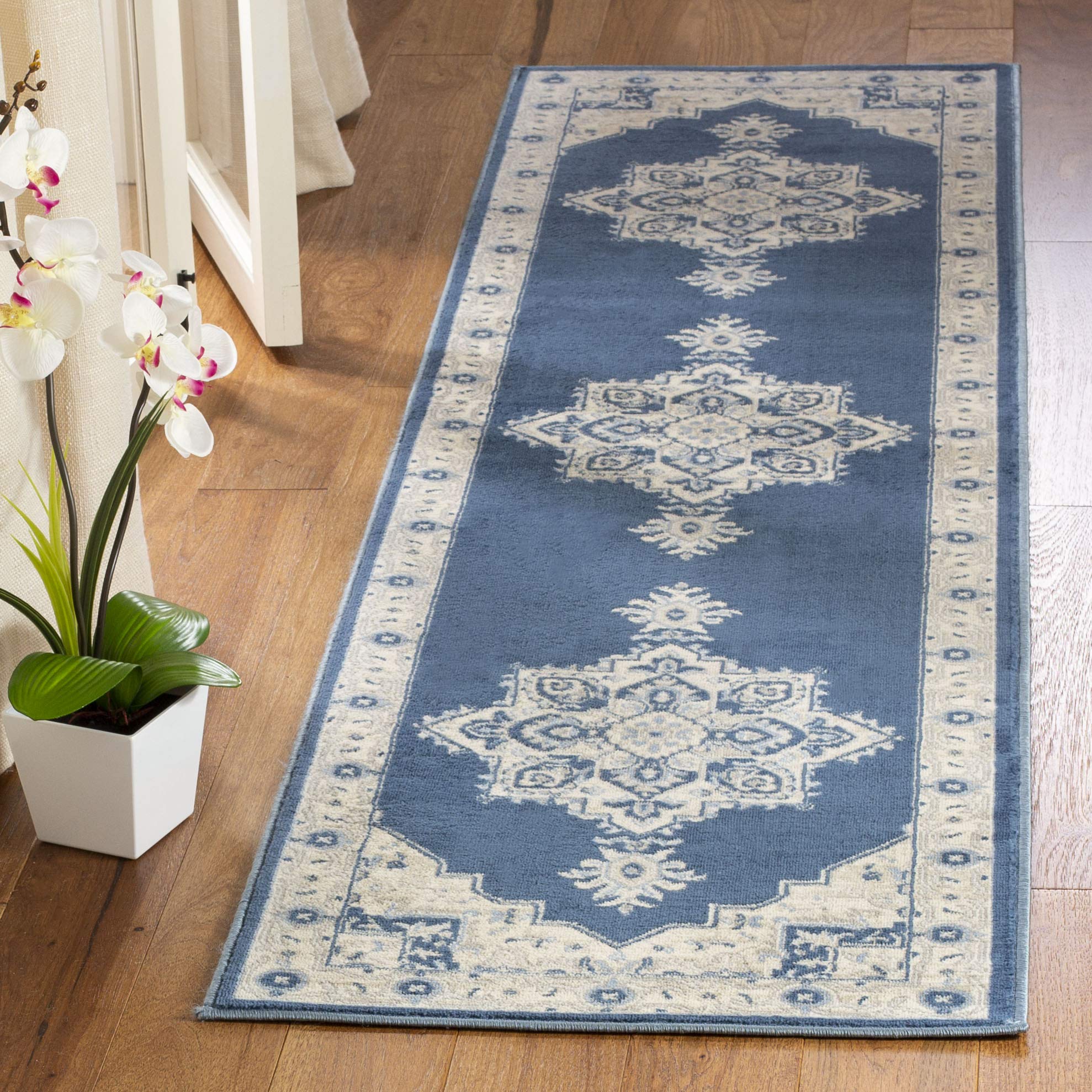 SAFAVIEH Brentwood Collection 2 x 22 Navy / Cream BNT865N Medallion Distressed Non-Shedding Living Room Bedroom Runner Rug