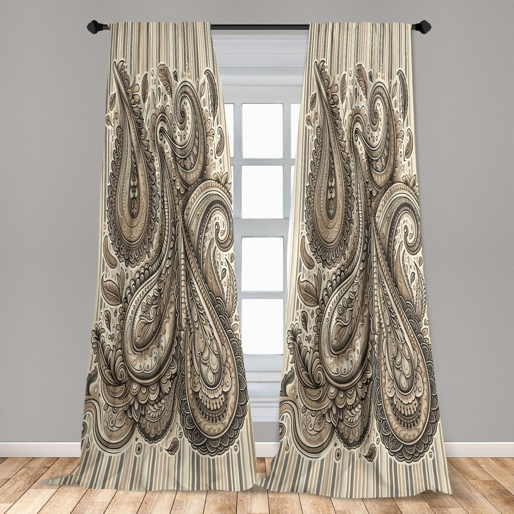 Ambesonne Paisley Window Curtains Pack Of 2, Delicate Bohemian Leafy Motives On Stripes In Neutral Muted Colors, Lightweight Set