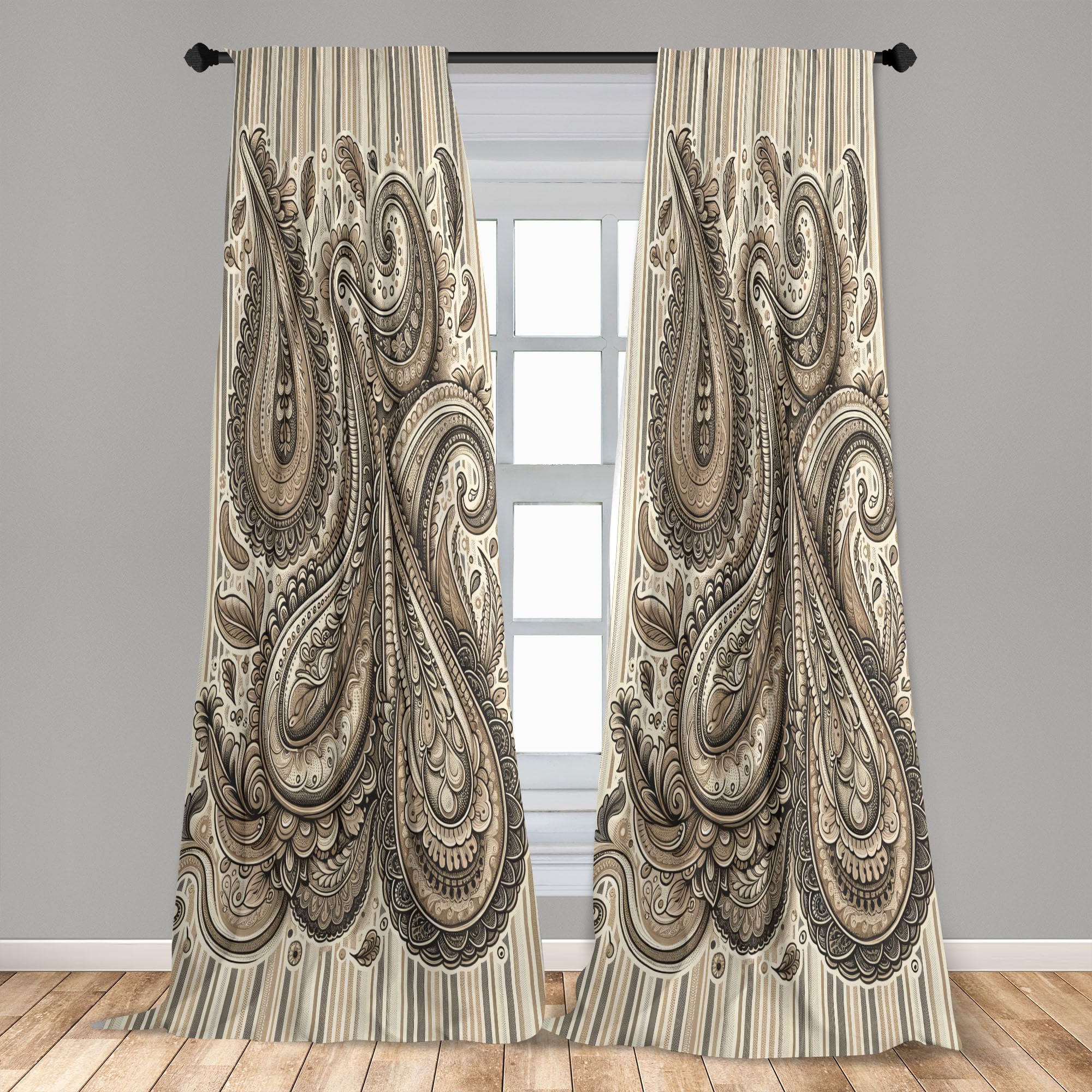 Ambesonne Paisley Window Curtains Pack Of 2, Delicate Bohemian Leafy Motives On Stripes In Neutral Muted Colors, Lightweight Set