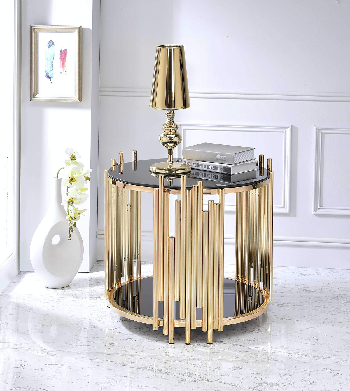 HomeRoots Furniture End Table in Black & Gold Multicolor