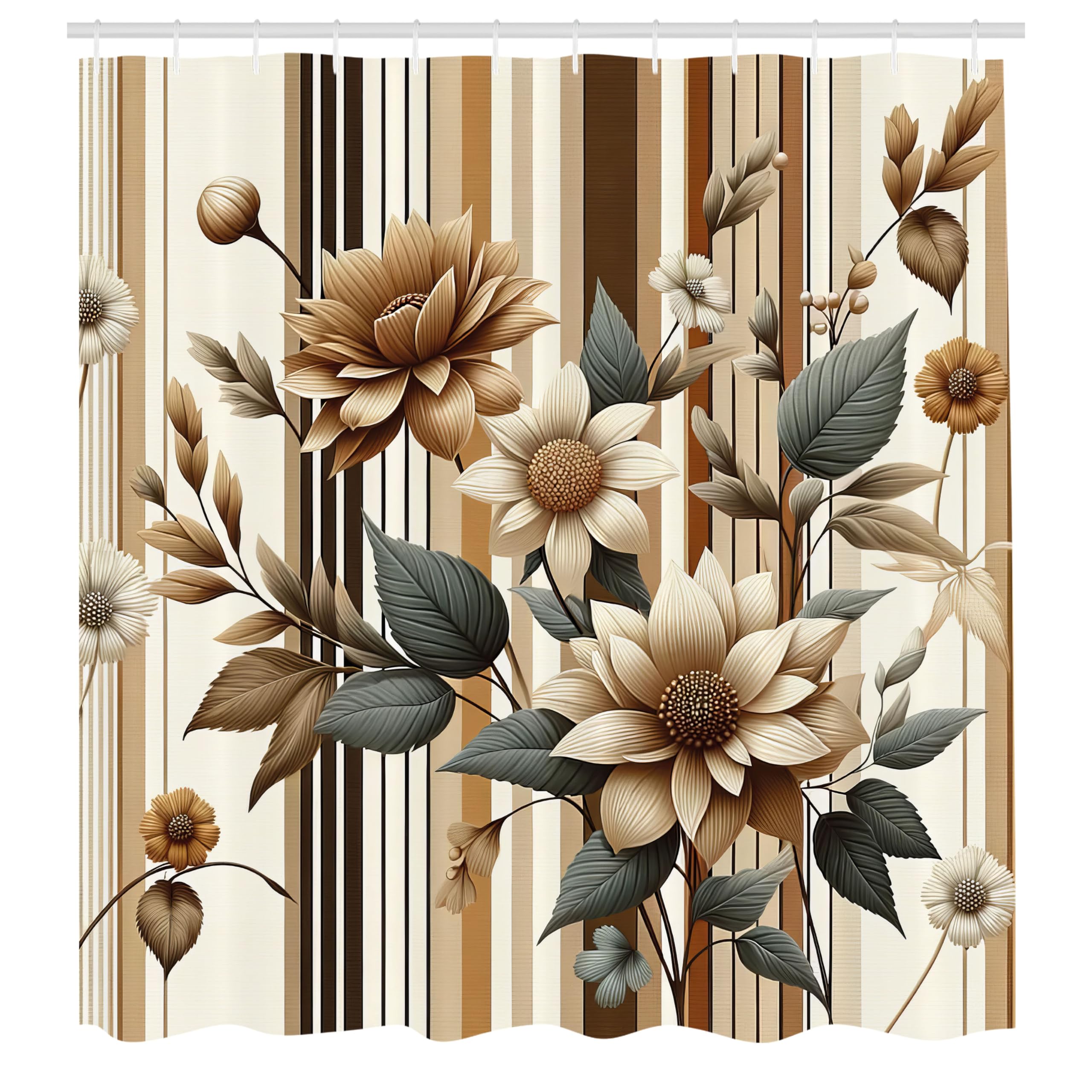 Ambesonne Tan Shower Curtain, Vintage Boho Cottagecore Monochromatic Flowers On A Striped Background, Cloth Fabric Bathroom Deco