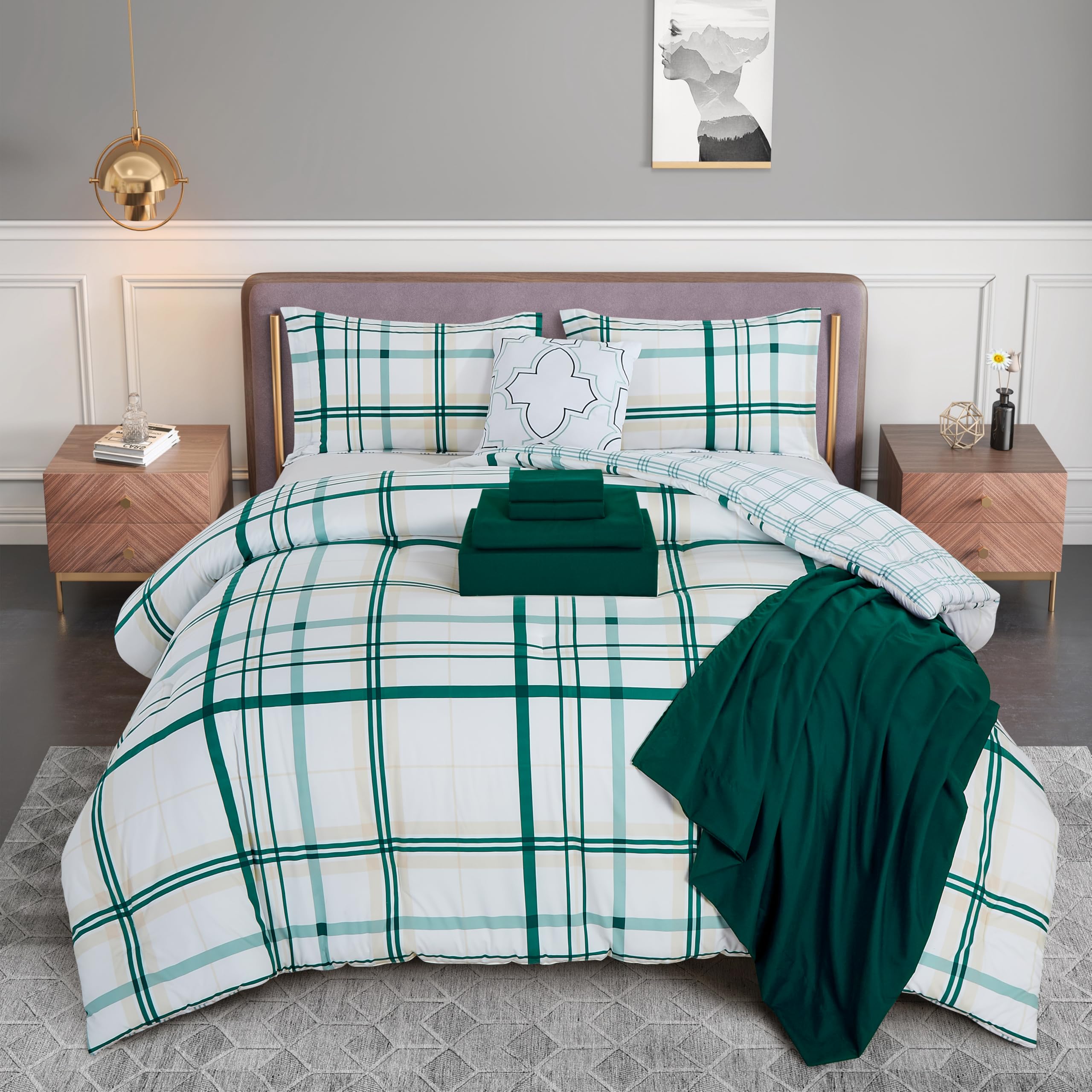 Elegant Comfort Silky Soft 8-Piece Plaid Lodge Bed-In-A-Bag Comforter Set, Includes 4Pc Smart Sheet Set, Comforter,Decorative Pillow,Matching Pillowcases And Shams-King/California King, Emerald Green