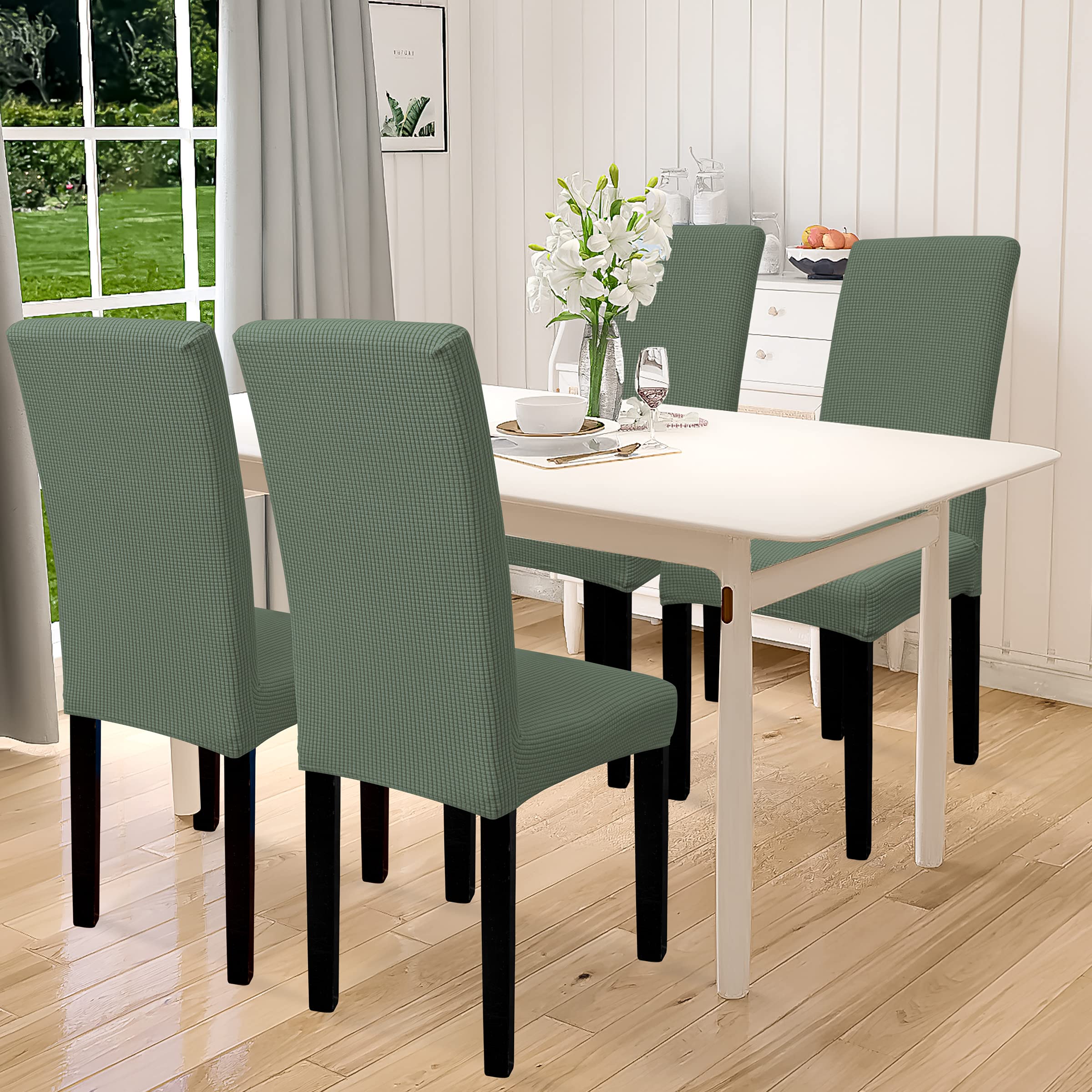 Easy-Going 100% Waterproof Dining Room Chair Cover Set Of 4, Stretch Jacquard Parson Chair Slipcover Removable Washable Chair Protector For Home, Restaurant, Banquet (Large, Grayish Green)