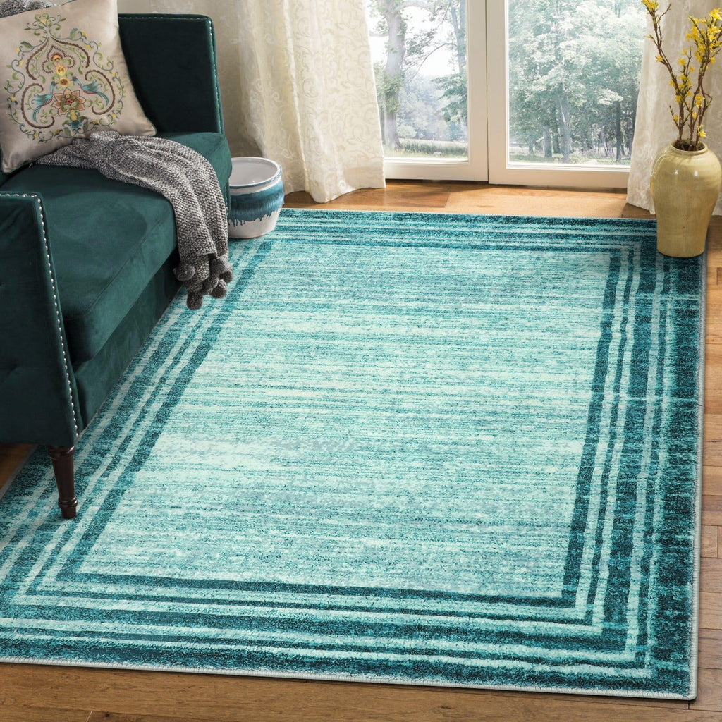 Lahome Abstract Teal 3x5 Rug,Washable Modern Rugs for Bedroom Aesthetic Non-Slip,Low-Pile Soft Throw Rug Minimalist Bordered Car