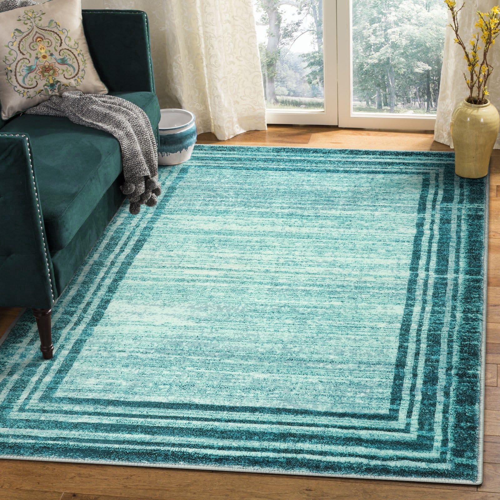 Lahome Abstract Teal 3x5 Rug,Washable Modern Rugs for Bedroom Aesthetic Non-Slip,Low-Pile Soft Throw Rug Minimalist Bordered Car