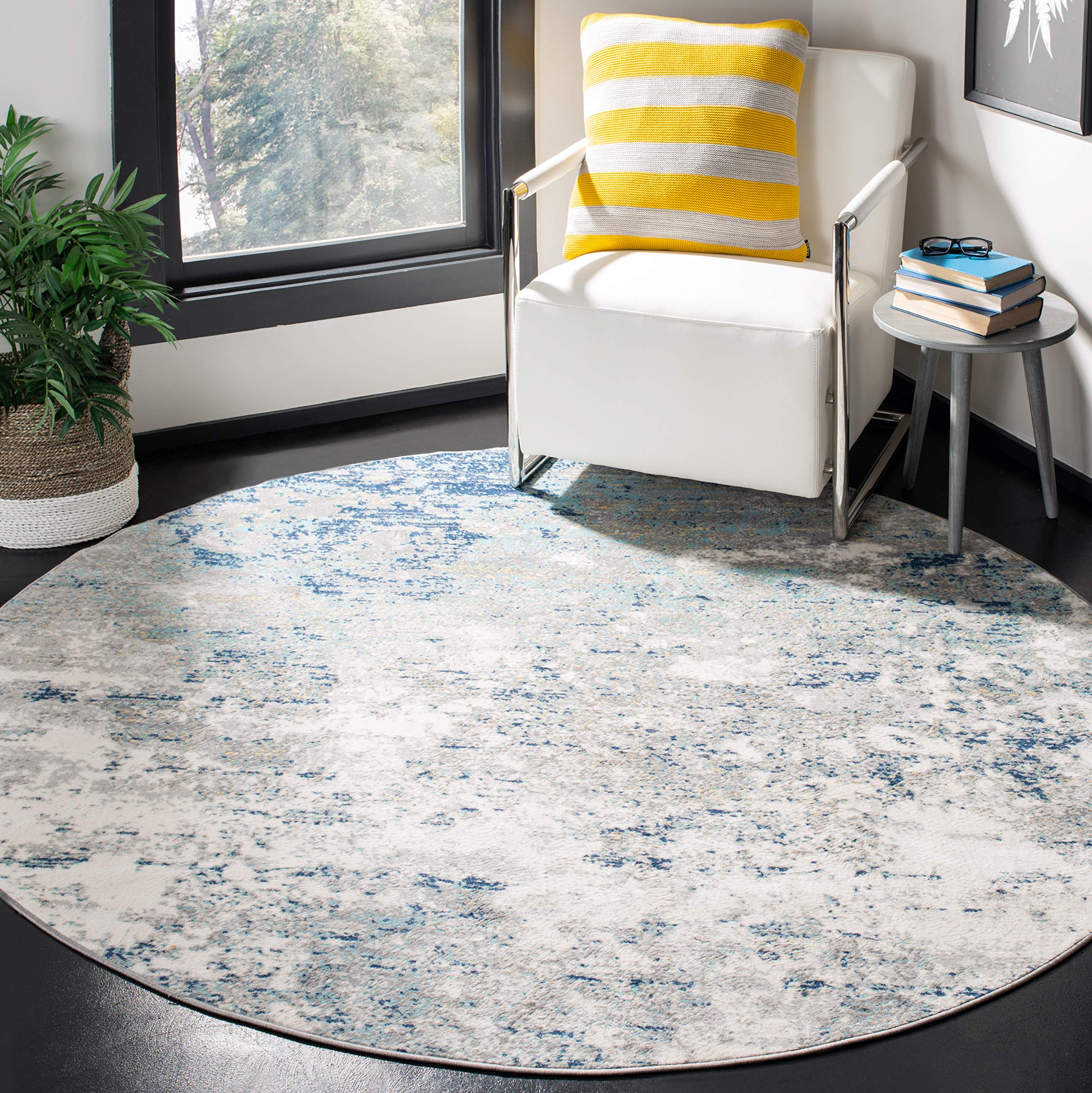 SAFAVIEH Brentwood Collection 4 Round Light Grey/Blue BNT822F Modern Abstract Non-Shedding Living Room Bedroom Area Rug