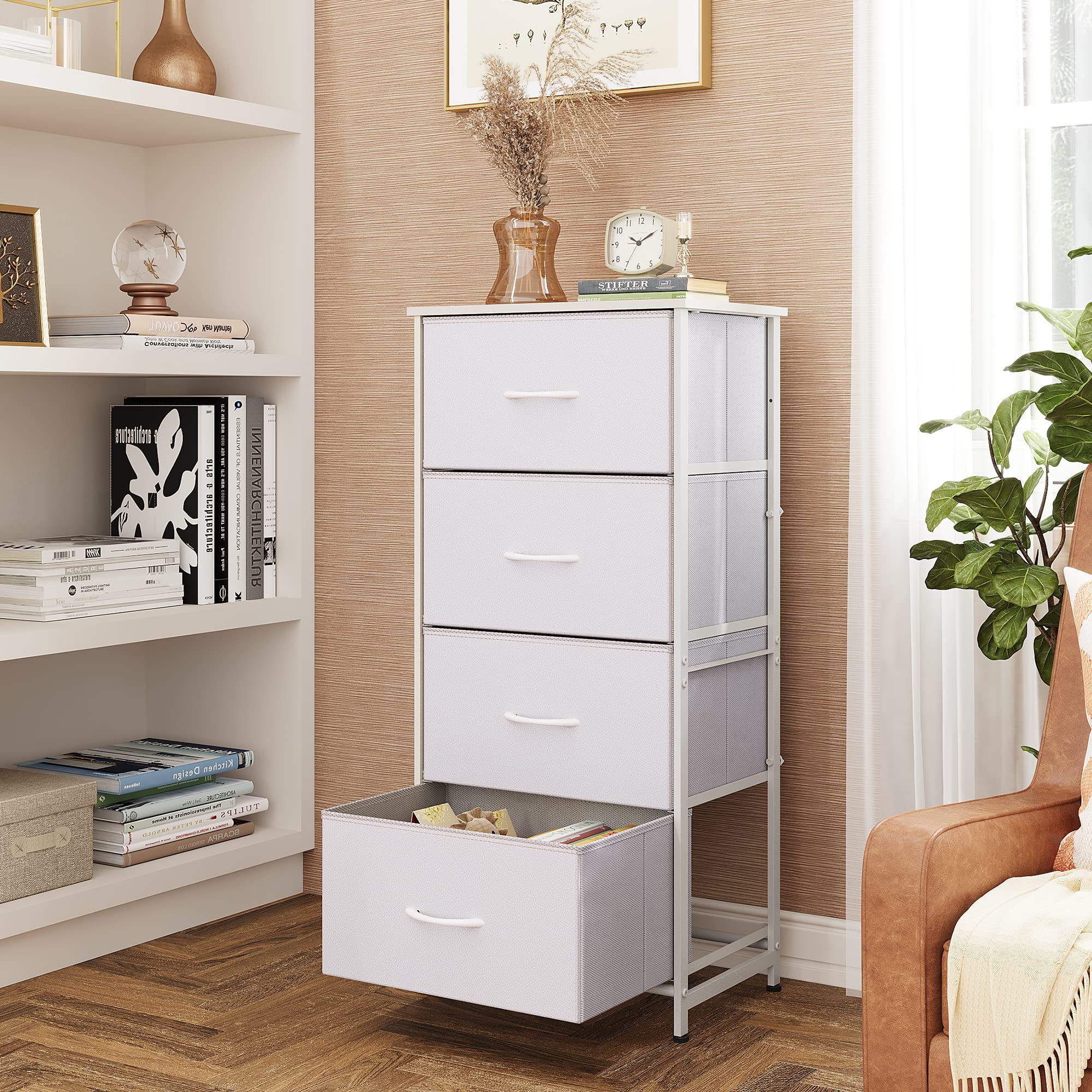 Wlive Dresser With 4 Drawers, Storage Tower, Organizer Unit, Fabric Dresser For Bedroom, Hallway, Entryway, Closets, Sturdy Steel Frame, Wood Top, Easy Pull Handle, White