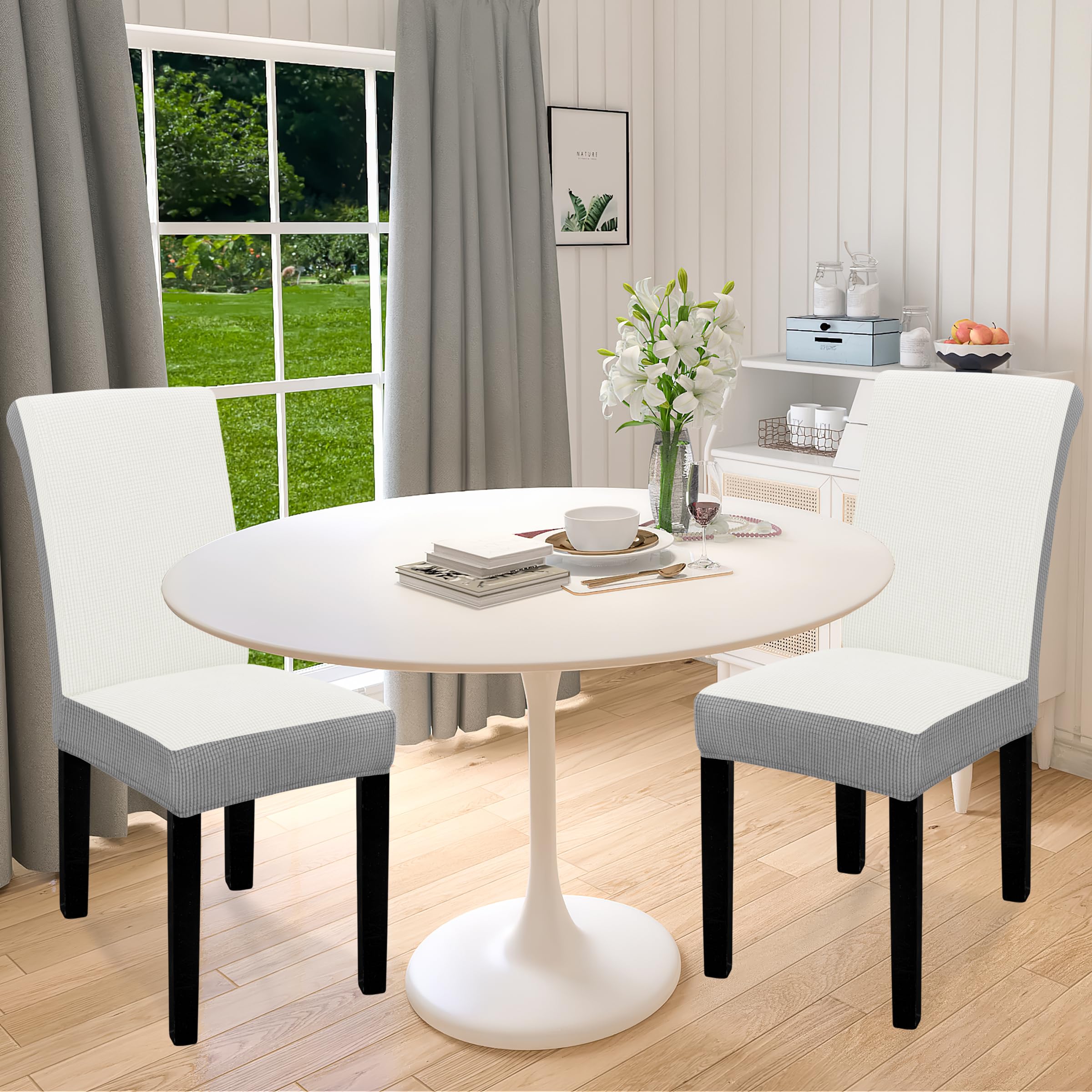 Easy-Going 100% Waterproof Dining Room Chair Cover Set Of 2, Stretch Jacquard Parson Chair Slipcover Removable Washable Chair Protector For Home, Restaurant, Banquet (Xlarge, Cream/Light Gray)