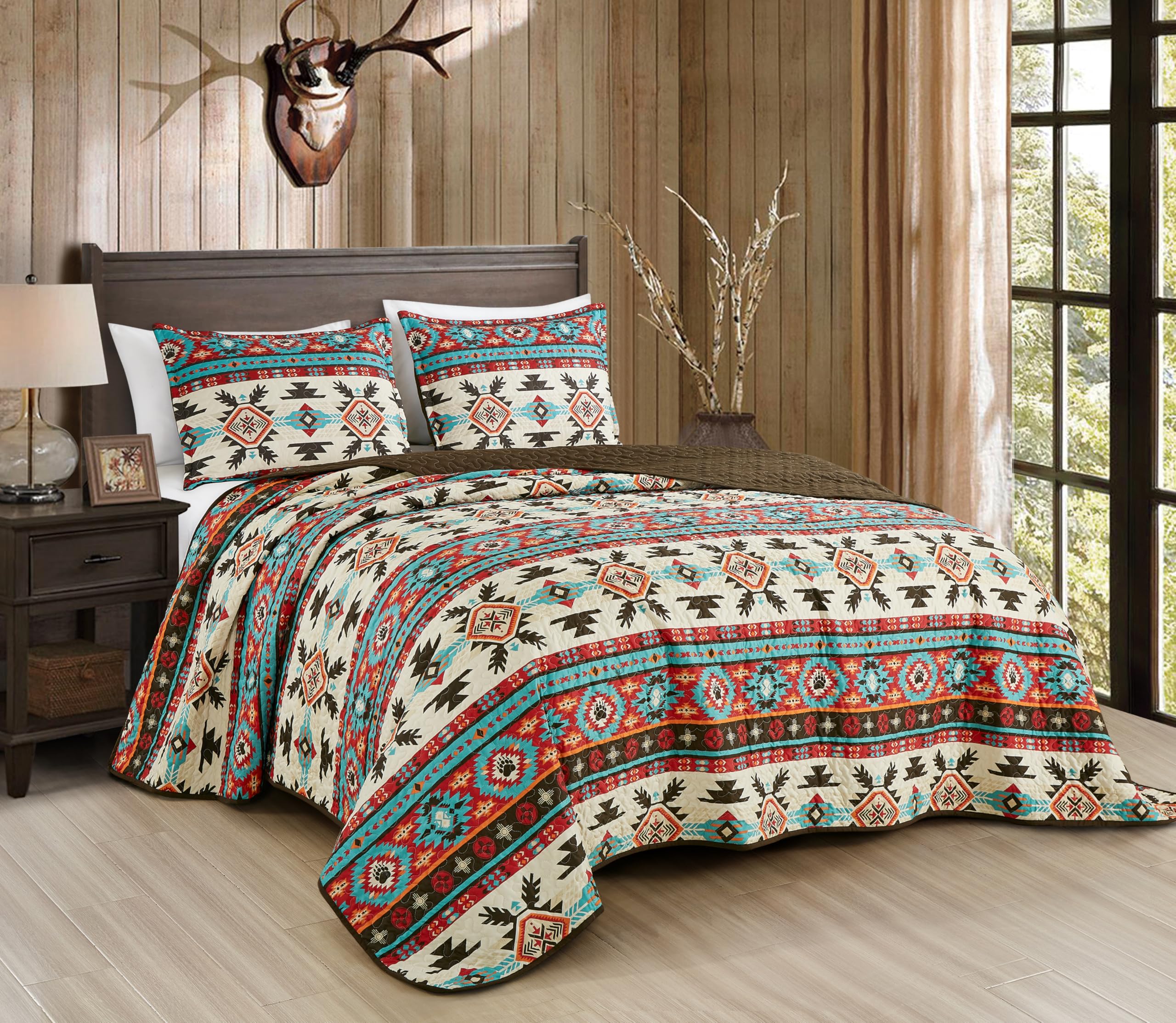 Chezmoi Collection Sanse 3-Piece Southwestern Geometric Motif Quilt Set - Multicolor Red Brown Blue Cream Printed Microfiber Lig