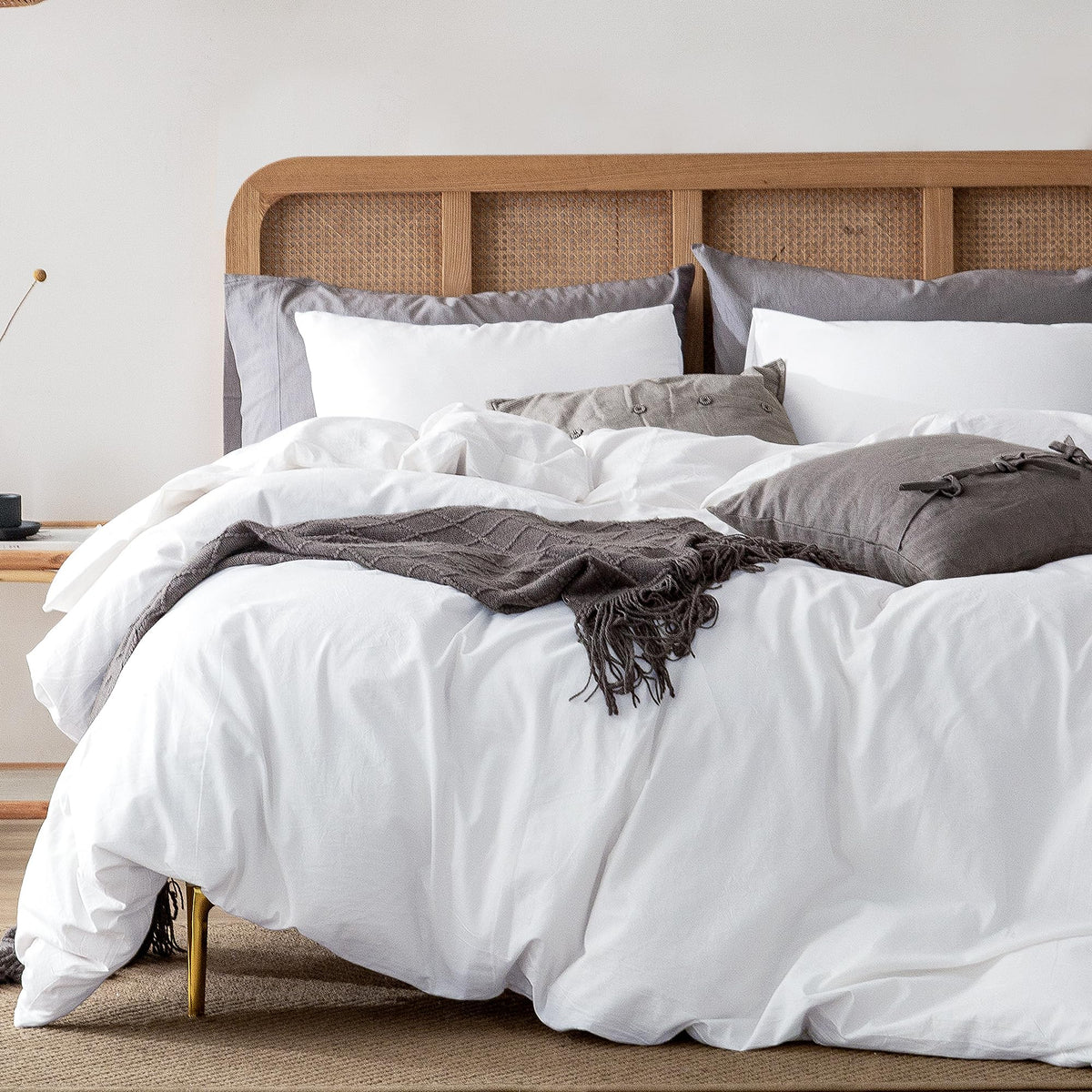 Atsense Duvet Cover, Queen Size, 100% Washed Cotton, Linen Feel, White Comforter Cover Set, Super Soft Comfortable, 3-Piece Bedd