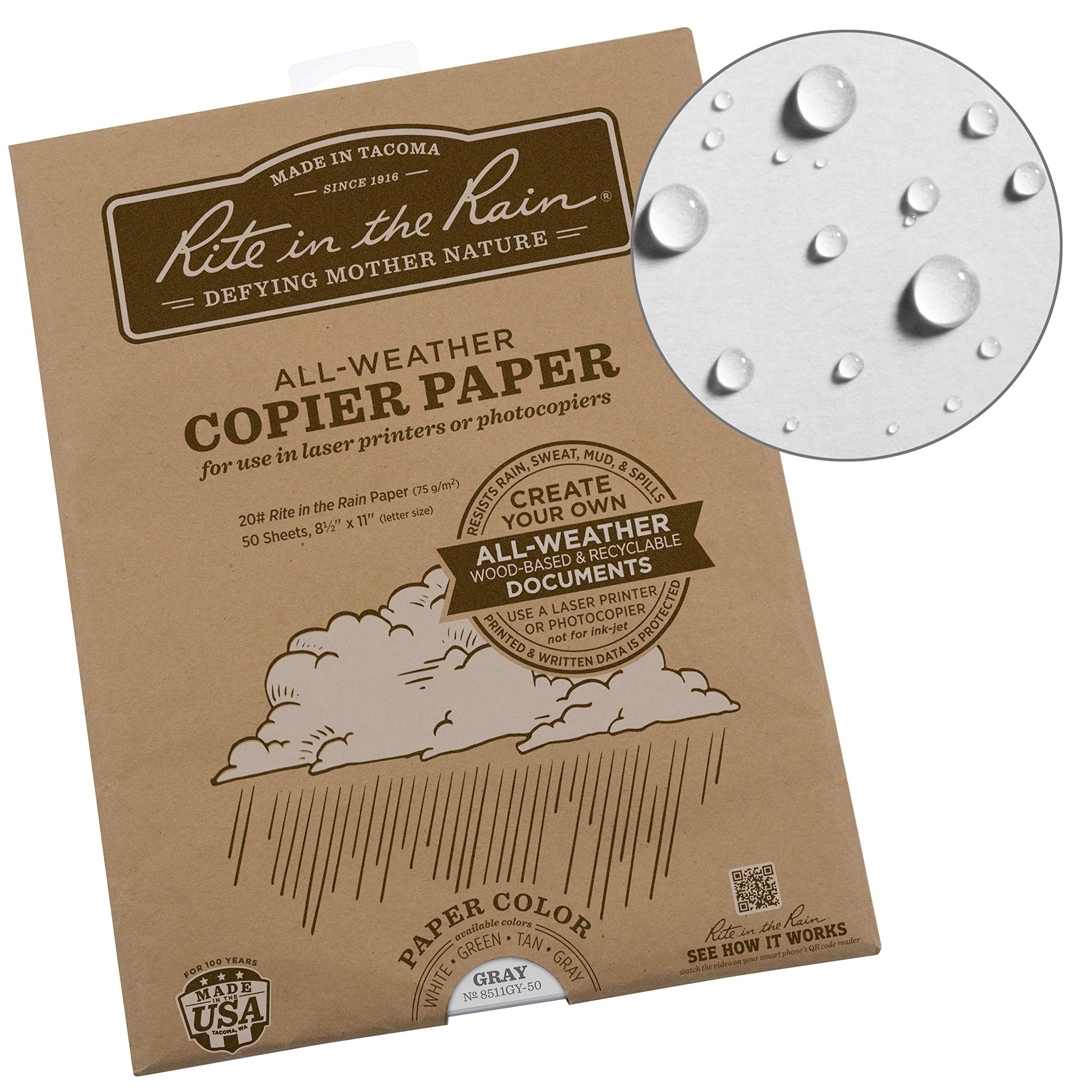 Rite In The Rain Weatherproof Laser Printer Paper, 8 1/2' X 11', 20# Gray Colored Printer Paper, 50 Sheet Pack (No. 8511Gy-50)