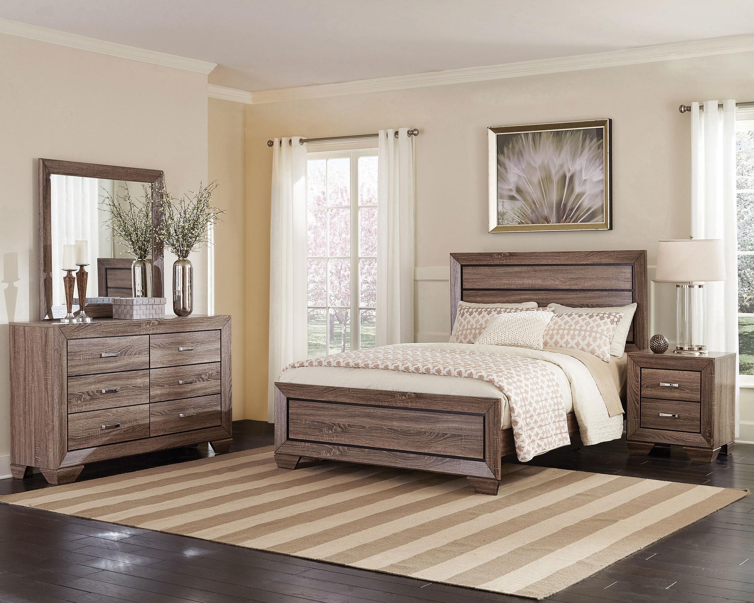 Coaster Home Furnishings Kauffman Transitional 4-Piece Bedroom Set Queen Size Panel Bed Frame 54-inch Headboard Washed Taupe 204191Q-S4