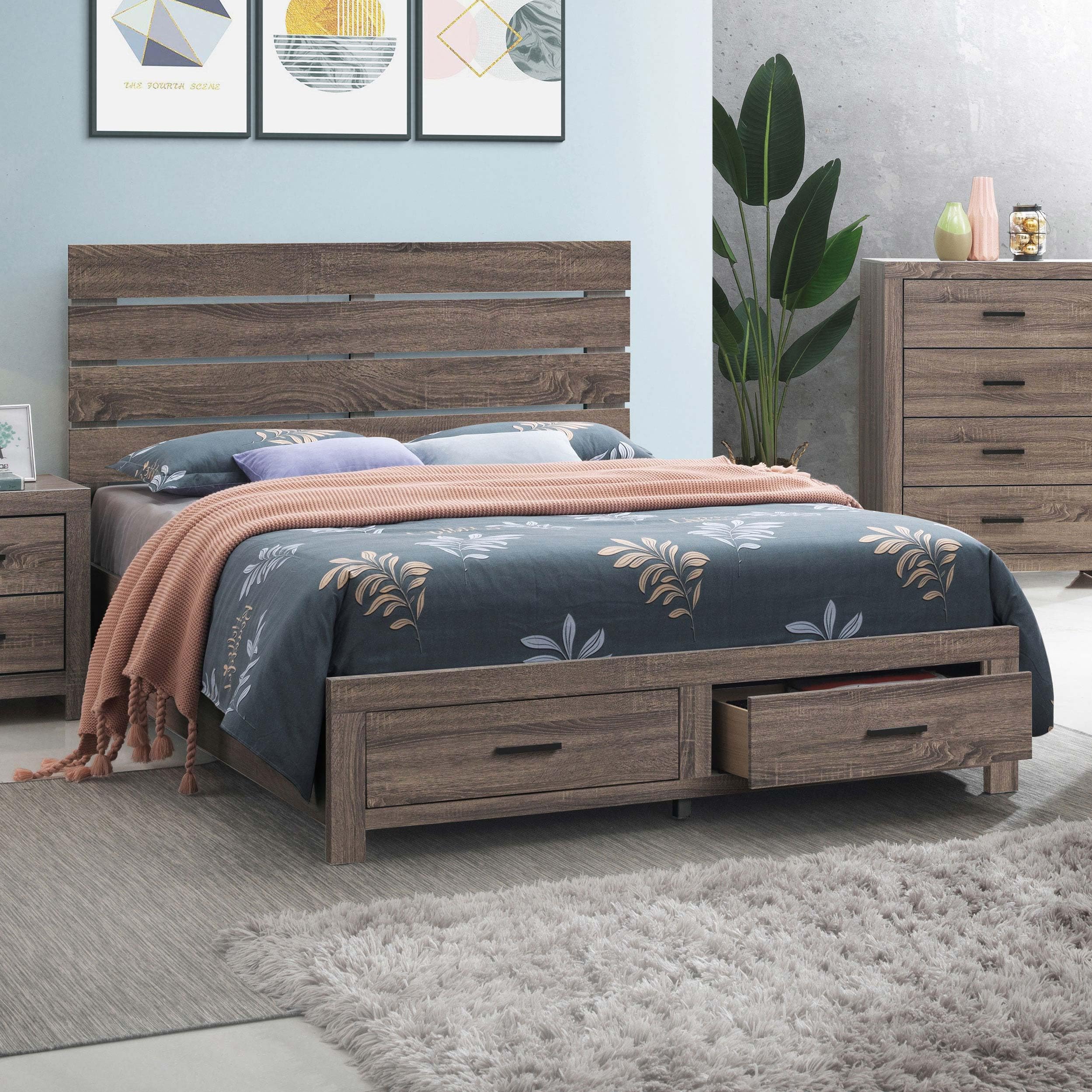 Coaster Home Furnishings Brantford Farmhouse Wood Eastern King Size Storage Panel Bed Frame Platform Bed 49-inch Headboard Barrel Oak 207040KE