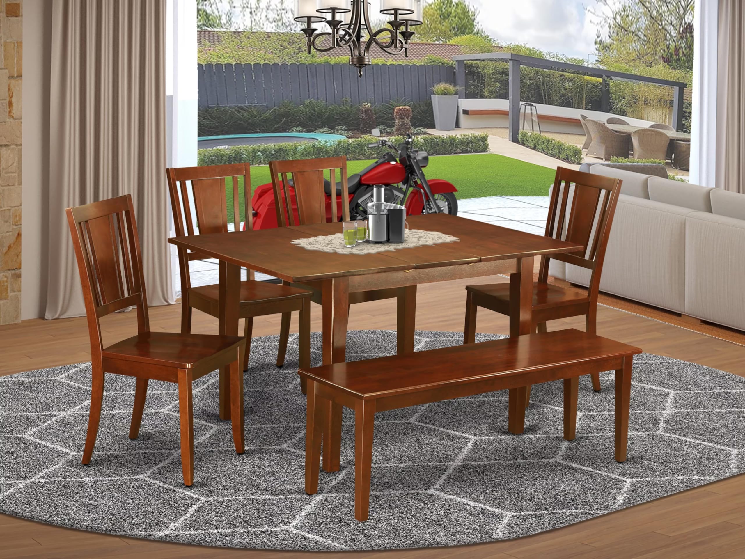 East West Furniture MLDU6D-MAH-W 6 Piece Kitchen Table & Chairs Set Contains a Rectangle Dining Room Table with Butterfly Leaf and 4 Dining Chairs with a Bench, 36x54 Inch, Mahogany