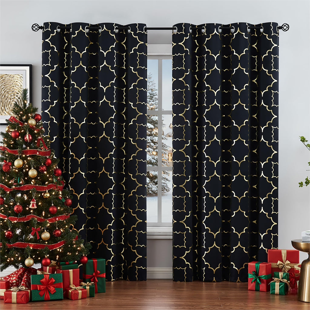Purainbow Grey Blackout Curtain Panels For Bedroom 84' Gold Foil Moroccan Metallic Print Energy Efficient Drapes For Bedroom Li