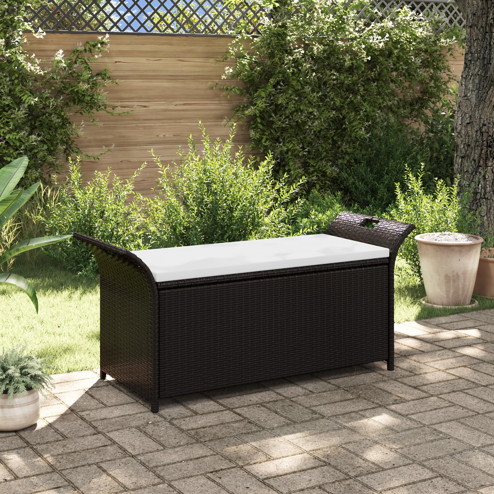 vidaXL Poly Rattan Storage Bench with Cushion, Indoor/Outdoor Ottoman Garden Bench, Waterproof Design, Easy Maintenance, 19.7&quot; x 54.3&quot; x 23.6&quot; Brown