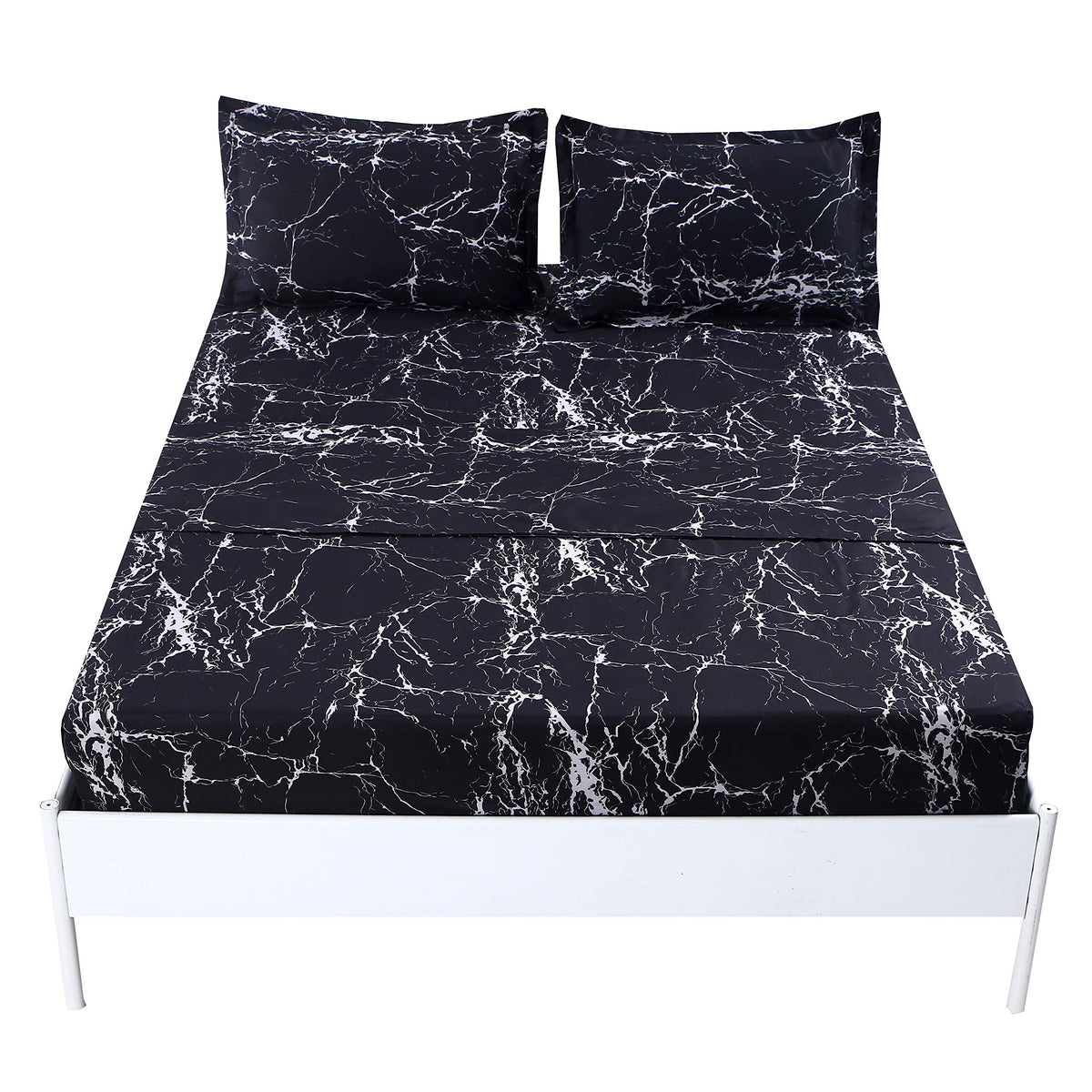 Mag Black Marble, Super Soft Microfiber Bed Sheet 4Pc, Marble Bedding Sheet Set Included 1 Fitted Sheet, 1 Flat Sheet With 2 Pil