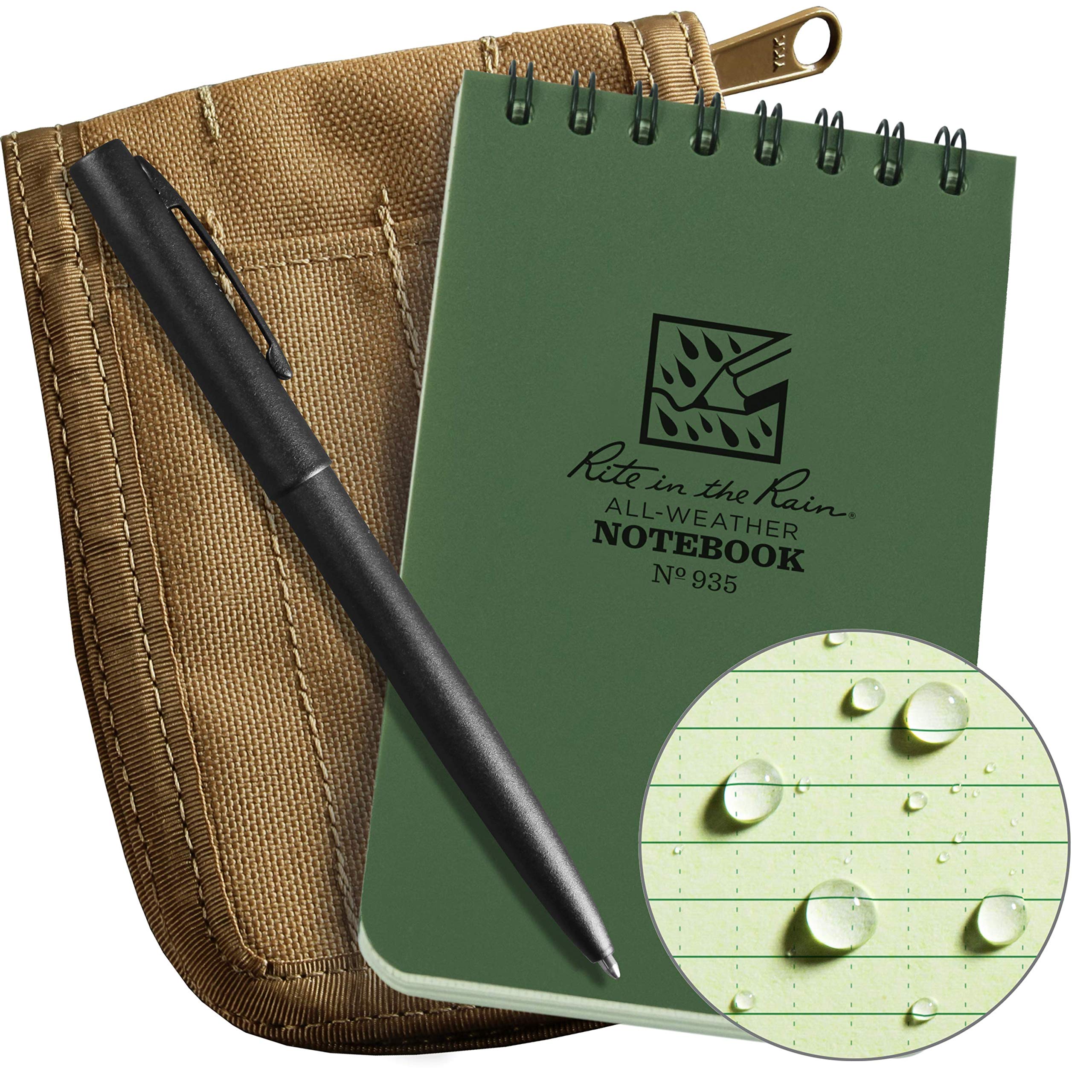 Rite In The Rain Weatherproof 3' X 5' Top-Spiral Notebook Kit: Tan Cordura Fabric Cover, 3' X 5' Green Notebook, And An Weat