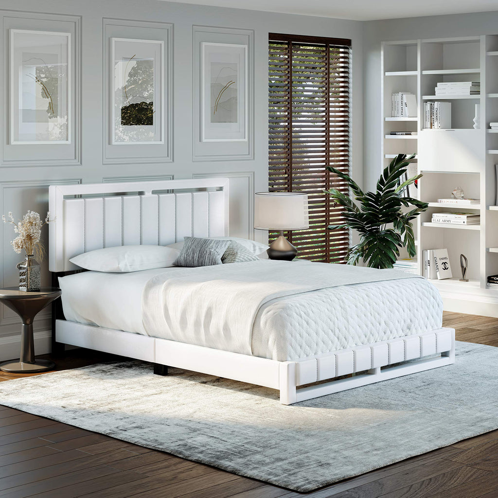 Boyd Sleep Beaumont Upholstered Platform Bed with Headboard, Mattress Foundation with Strong 14 Wood Slat Supports, No Box Spring Required, White Faux Leather, Size Queen