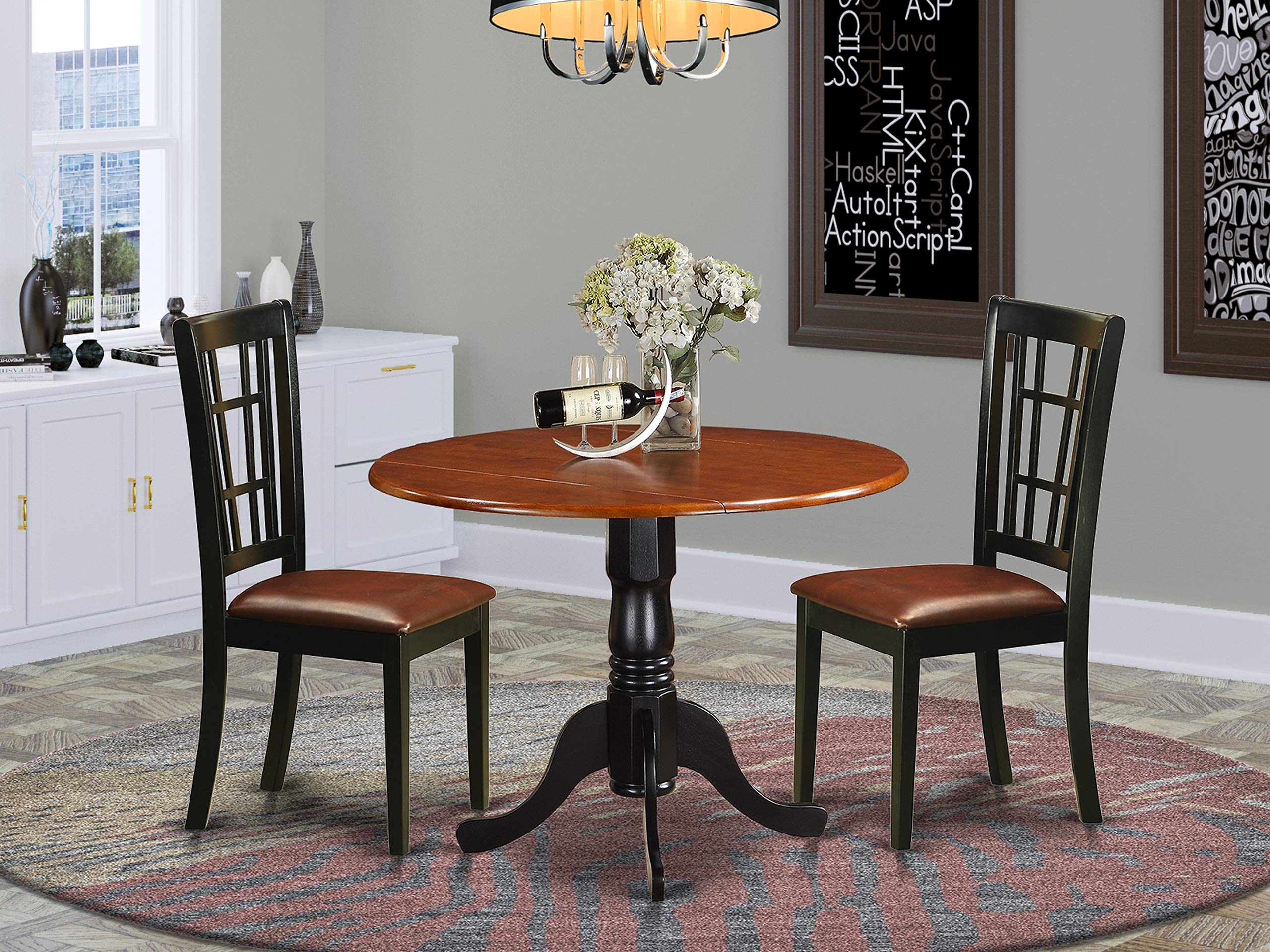 East West Furniture DLNI3-BCH-LC 3 Piece Dining Set Contains a Round Dining Room Table with Dropleaf and 2 Faux Leather Upholstered Chairs, 42x42 Inch, Black & Cherry