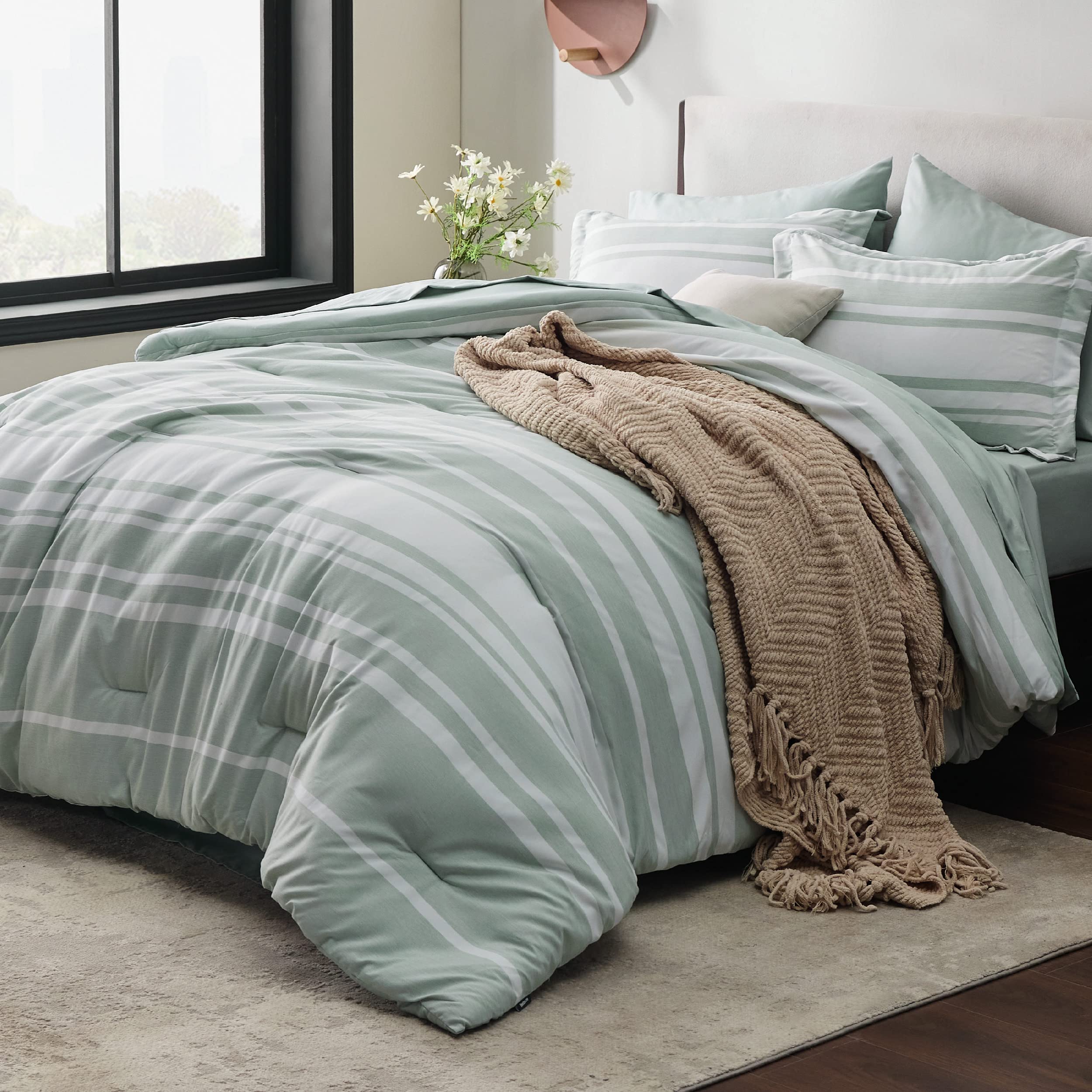 Bedsure Twin Comforter Set 5 Pieces, Sage Green Striped Bedding Set For Twin Size Bed Reversible, Cationic Dyeing Bed In A Bag W