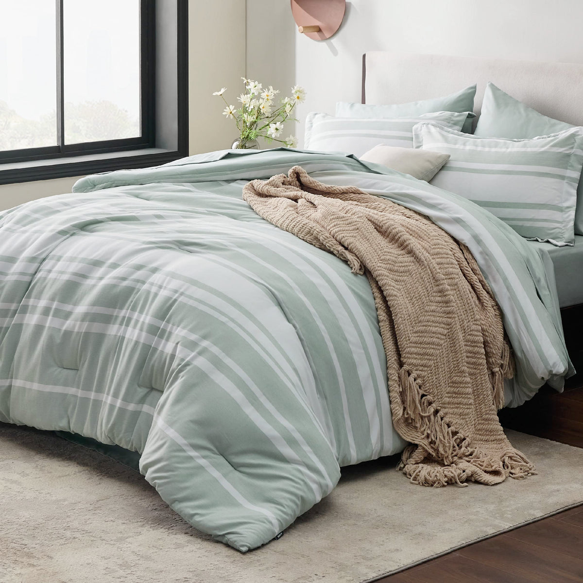 Bedsure Bed In A Bag Full Size 7 Pieces, Sage Green White Striped Bedding Comforter Sets All Season Bed Set, 2 Pillow Shams, Fla