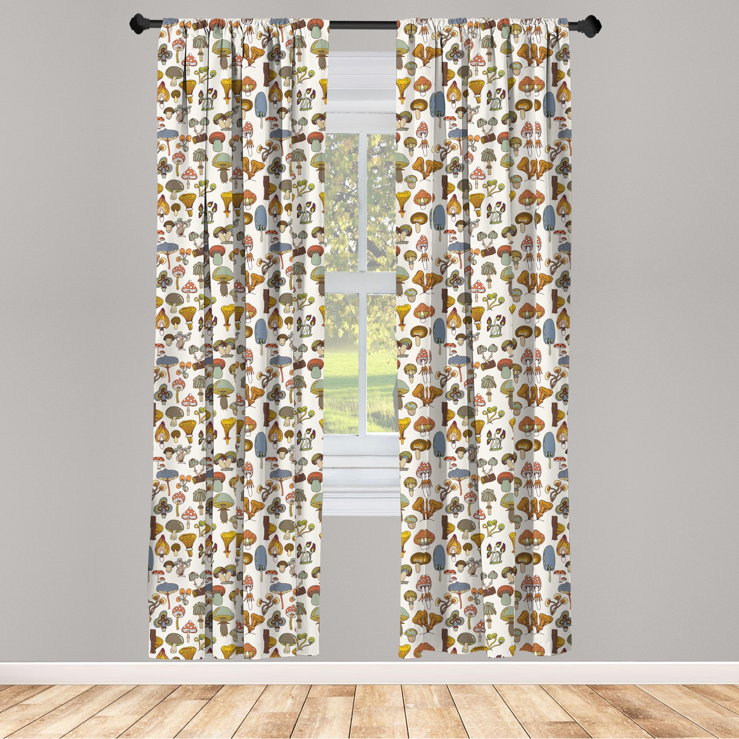 Ambesonne Colorful Window Curtains Pack Of 2, Pattern Of Mushrooms Designs In Cartoon Style Abstract Illustration Print, Lightwe